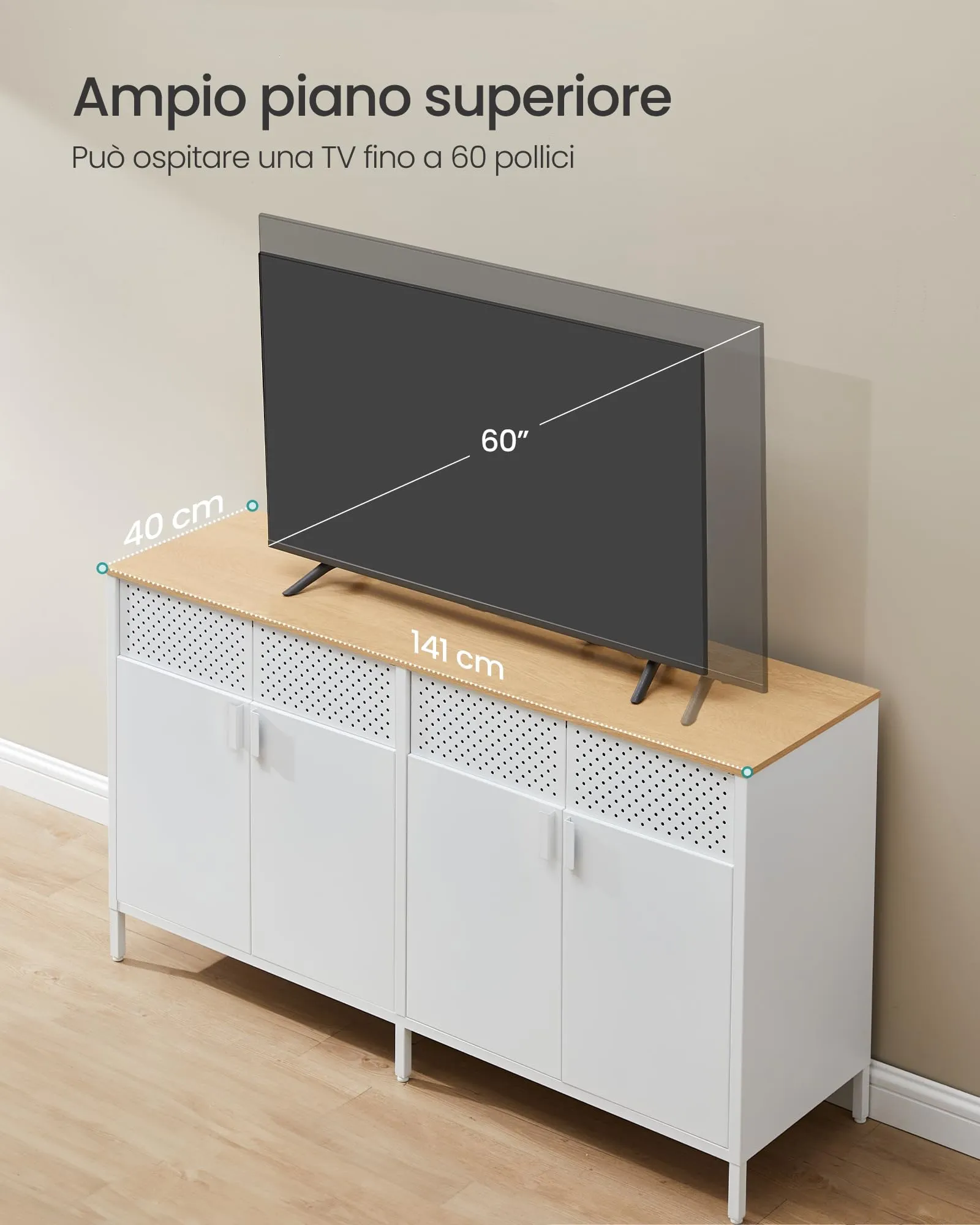 SONGMICS Mobiletto Contenitore Credenza in Metallo, 4 Ante, 40 x 141 x 76 cm, Bianco Nuvola e Beige Rovere LSC205WC01 - immagine 7