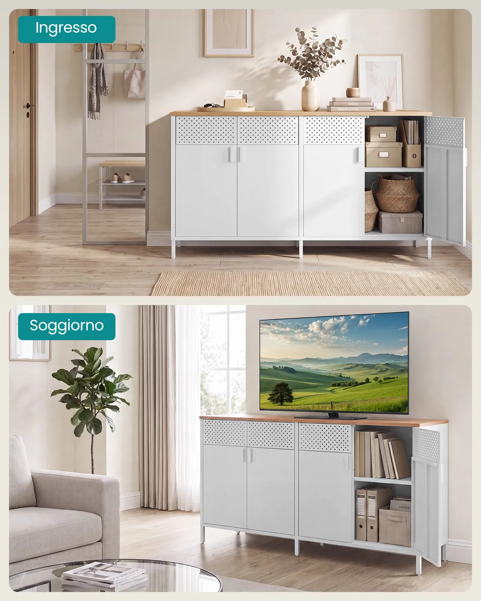SONGMICS Mobiletto Contenitore Credenza in Metallo, 4 Ante, 40 x 141 x 76 cm, Bianco Nuvola e Beige Rovere LSC205WC01 - immagine 8