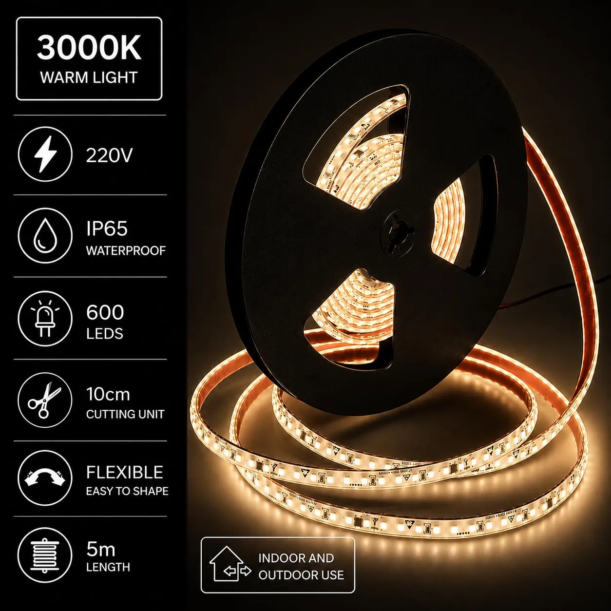 JANDEI Striscia LED 220V 12W/m 600 LED 5500 Lm, IP65, 10mm, Bobina 5 M (Luce Calda 3000k) - immagine 2