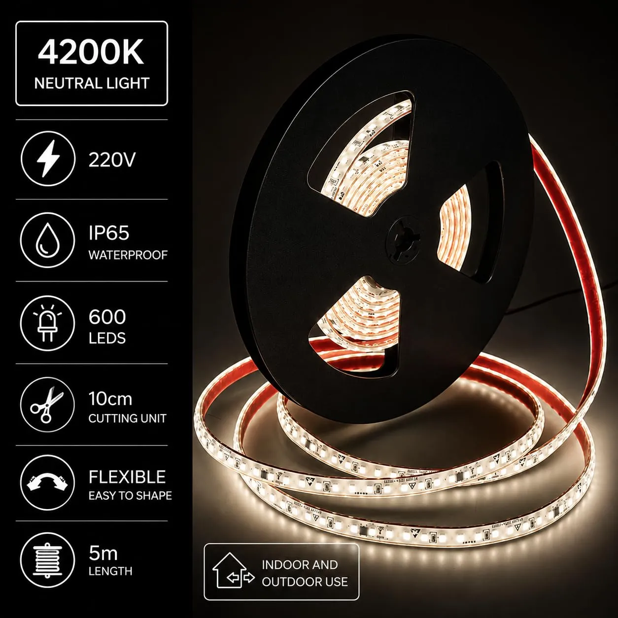 Jandei Striscia LED 220V 12W/m 600 LED 5500 Lm IP65 Bobina 5M Luce Naturale 4200k - immagine 2