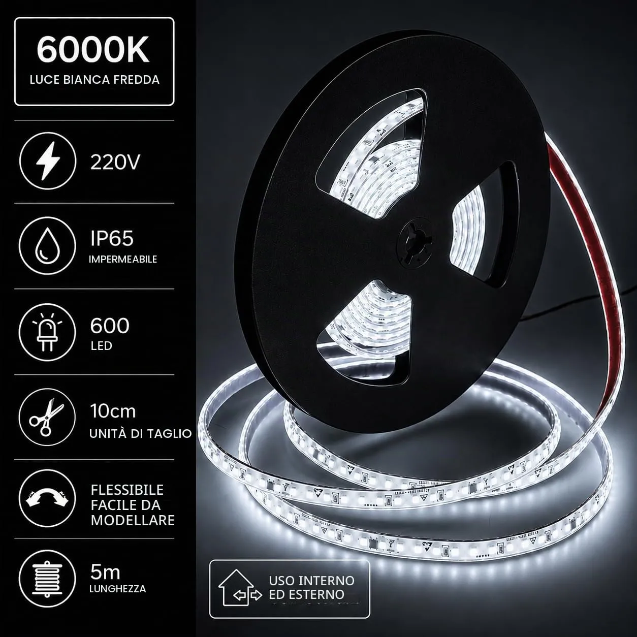 Jandei Striscia LED 220V 12W/m 600 LED 5500 Lm IP65 5m Luce Fredda - immagine 2