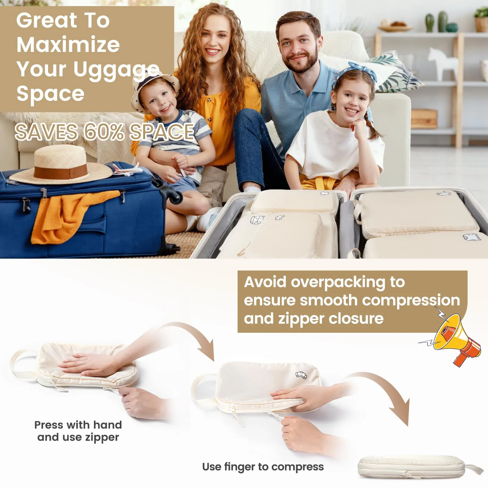 Samfolk Compression Packing Cubes, 8 Set, Waterproof, Butter Cream - immagine 3