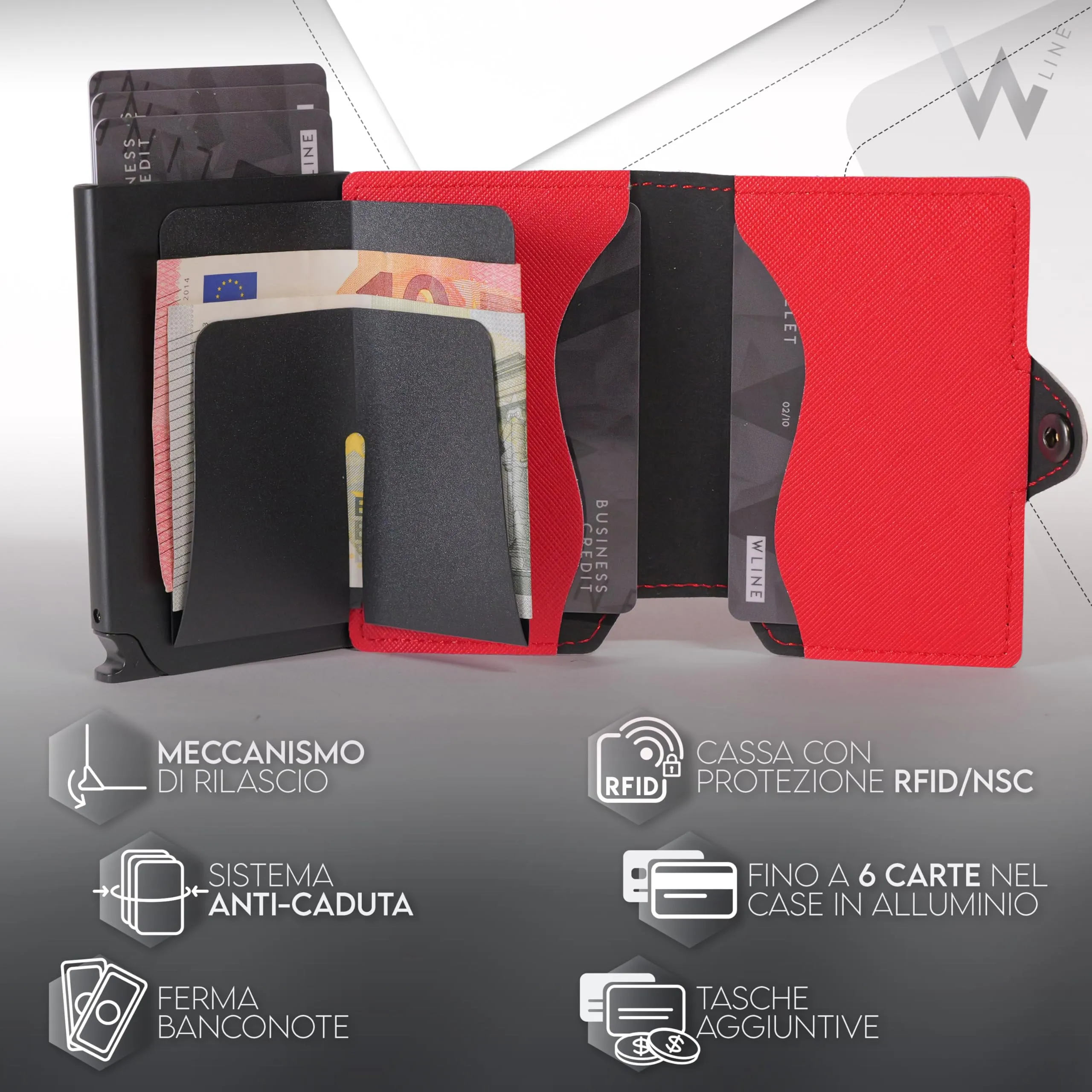 WLine Portafoglio Donna Piccolo RFID in Pelle PU con Zip - Rosso e Nero Saffiano - immagine 3