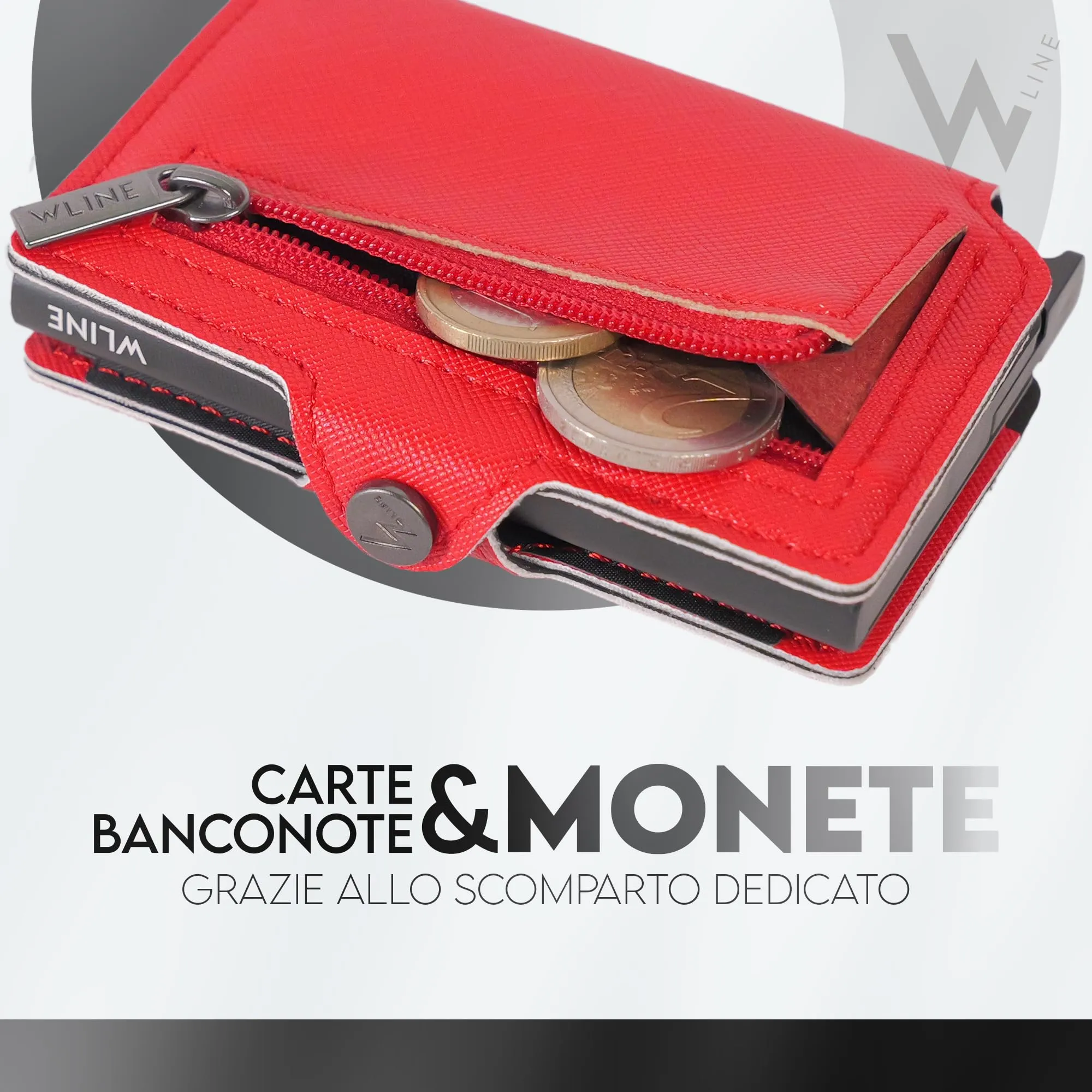 WLine Portafoglio Donna Piccolo RFID in Pelle PU con Zip - Rosso e Nero Saffiano - immagine 4