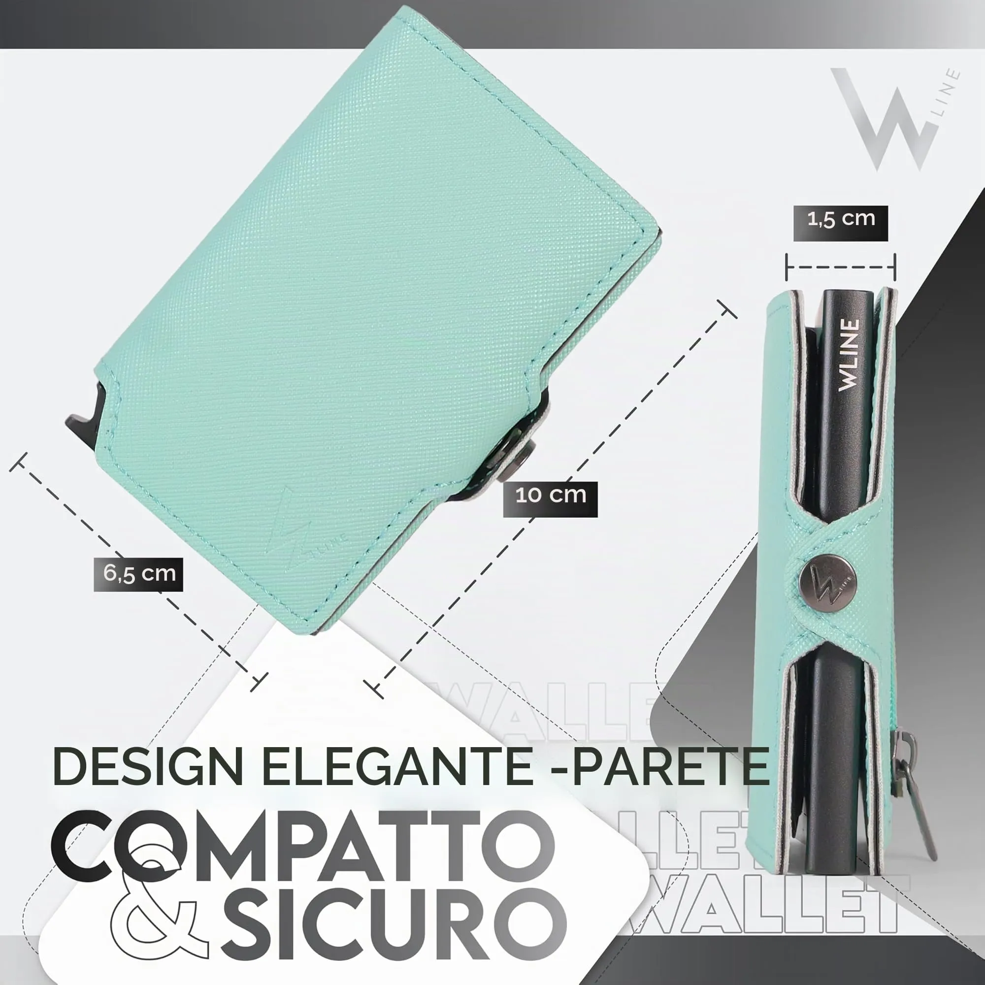 WLine Portafoglio Donna Piccolo RFID in Pelle PU con Zip - Turchese e Nero Saffiano - immagine 2