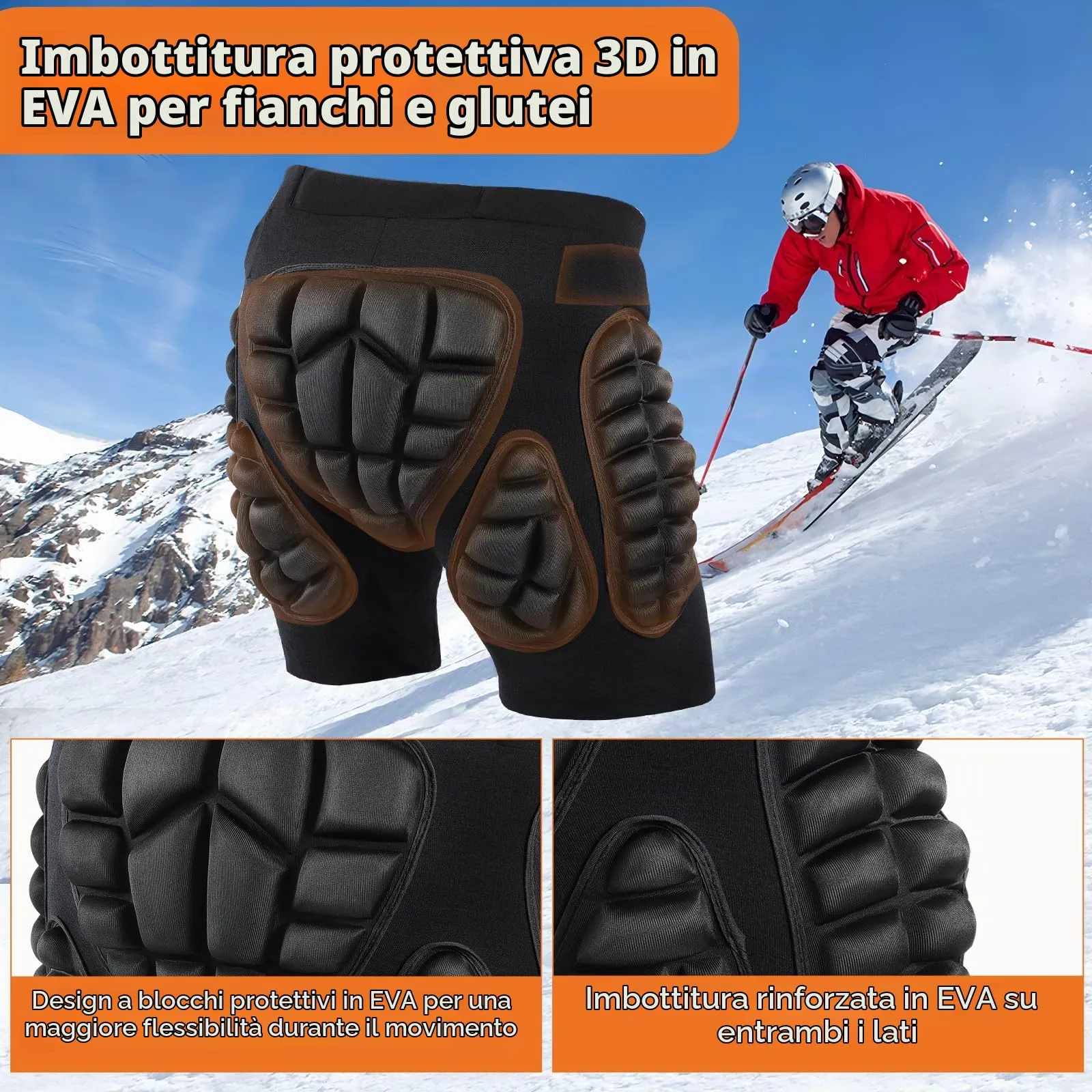 AOOWU Pantaloncini Protettivi Imbottiti per Snowboard, Pattinaggio, Sci e Skateboard - Protezione 3D per Anca, Coscia e Coccige - immagine 4