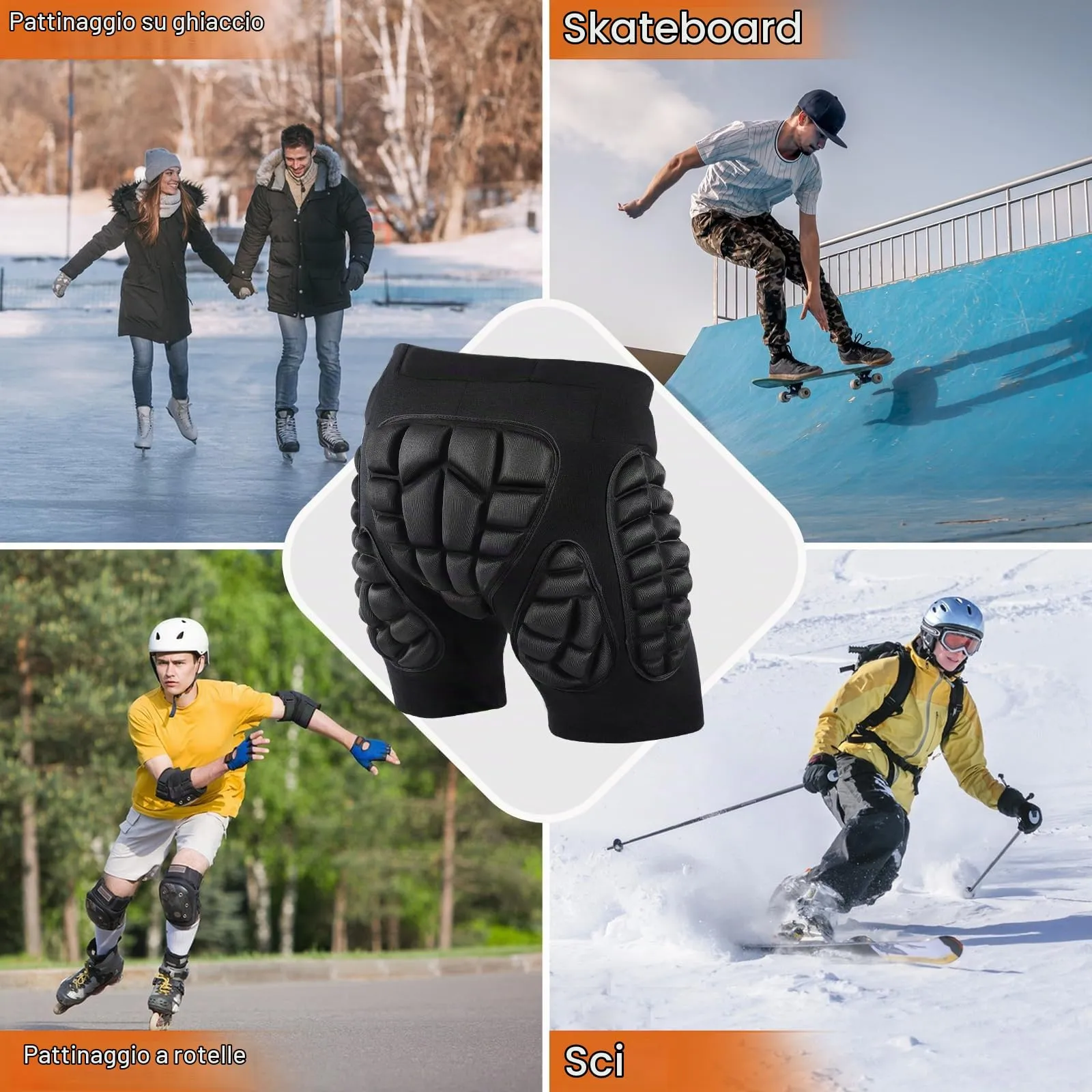 AOOWU Pantaloncini Protettivi Imbottiti per Snowboard, Pattinaggio, Sci e Skateboard, Protezione 3D Anca, Coscia e Coccige, Nero, XL - immagine 8