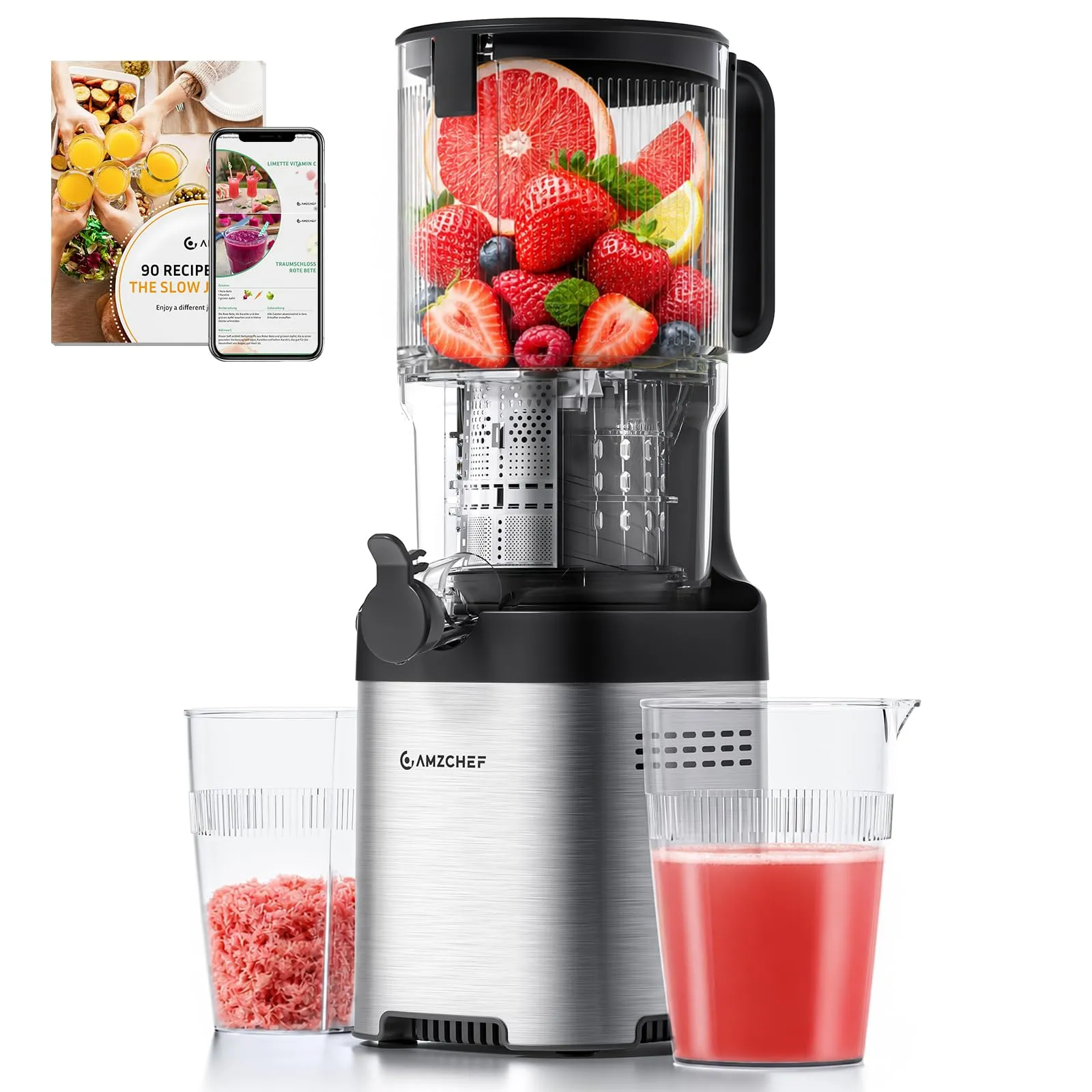 AMZCHEF Estrattore di succo Slow Juicer con foro di riempimento da 135 mm, argento - immagine 1