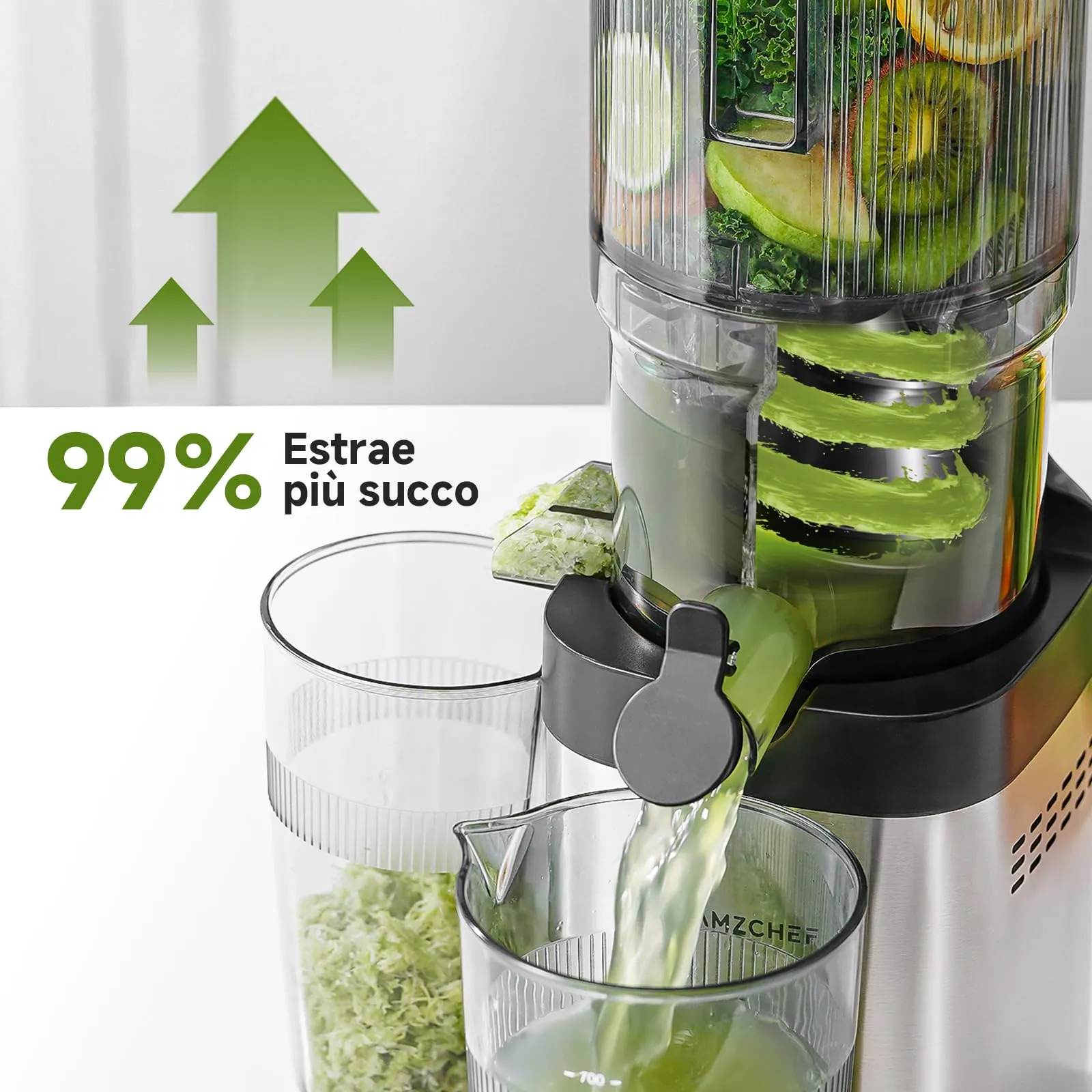 AMZCHEF Estrattore di succo Slow Juicer con foro di riempimento da 135 mm, argento - immagine 3