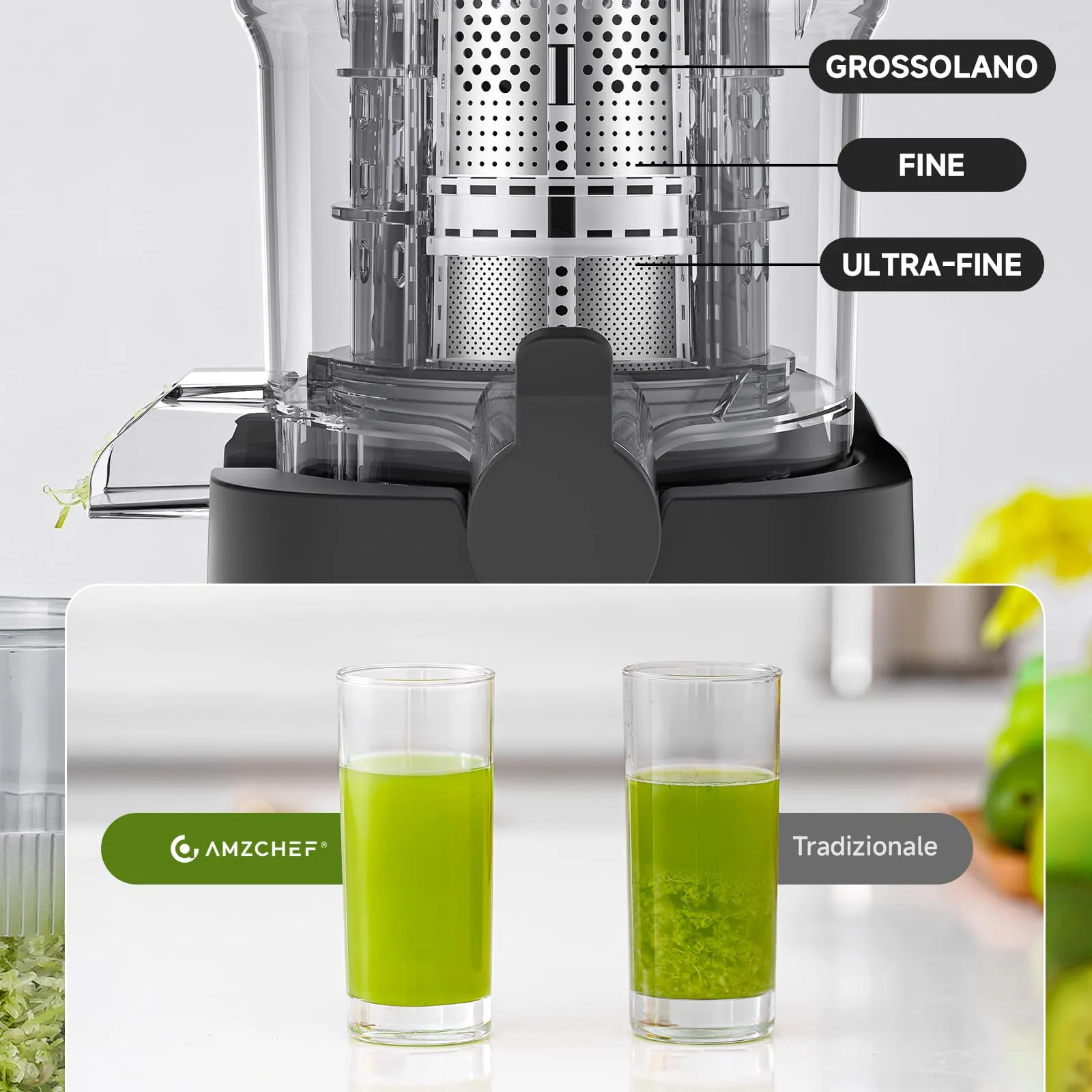 AMZCHEF Estrattore di succo Slow Juicer con foro di riempimento da 135 mm, argento - immagine 4