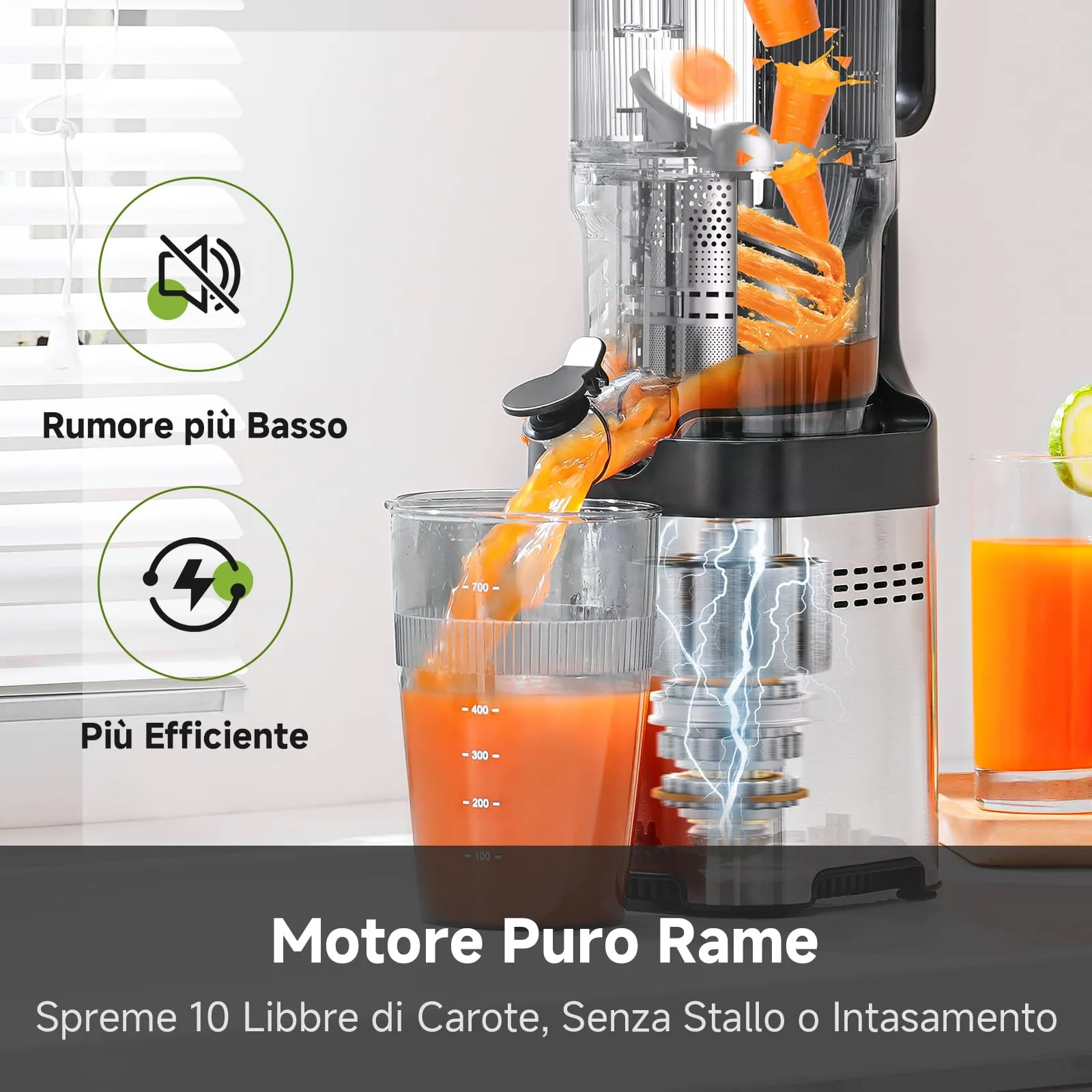 AMZCHEF Estrattore di succo Slow Juicer con foro di riempimento da 135 mm, argento - immagine 5