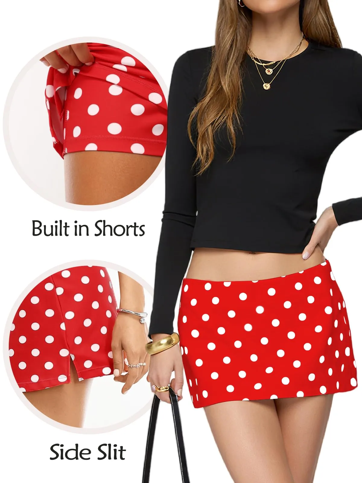 Danysu Gonna Mini Elasticizzata a Vita Bassa con Pantaloncini e Spacco Laterale, Pois Rossi, S - immagine 4