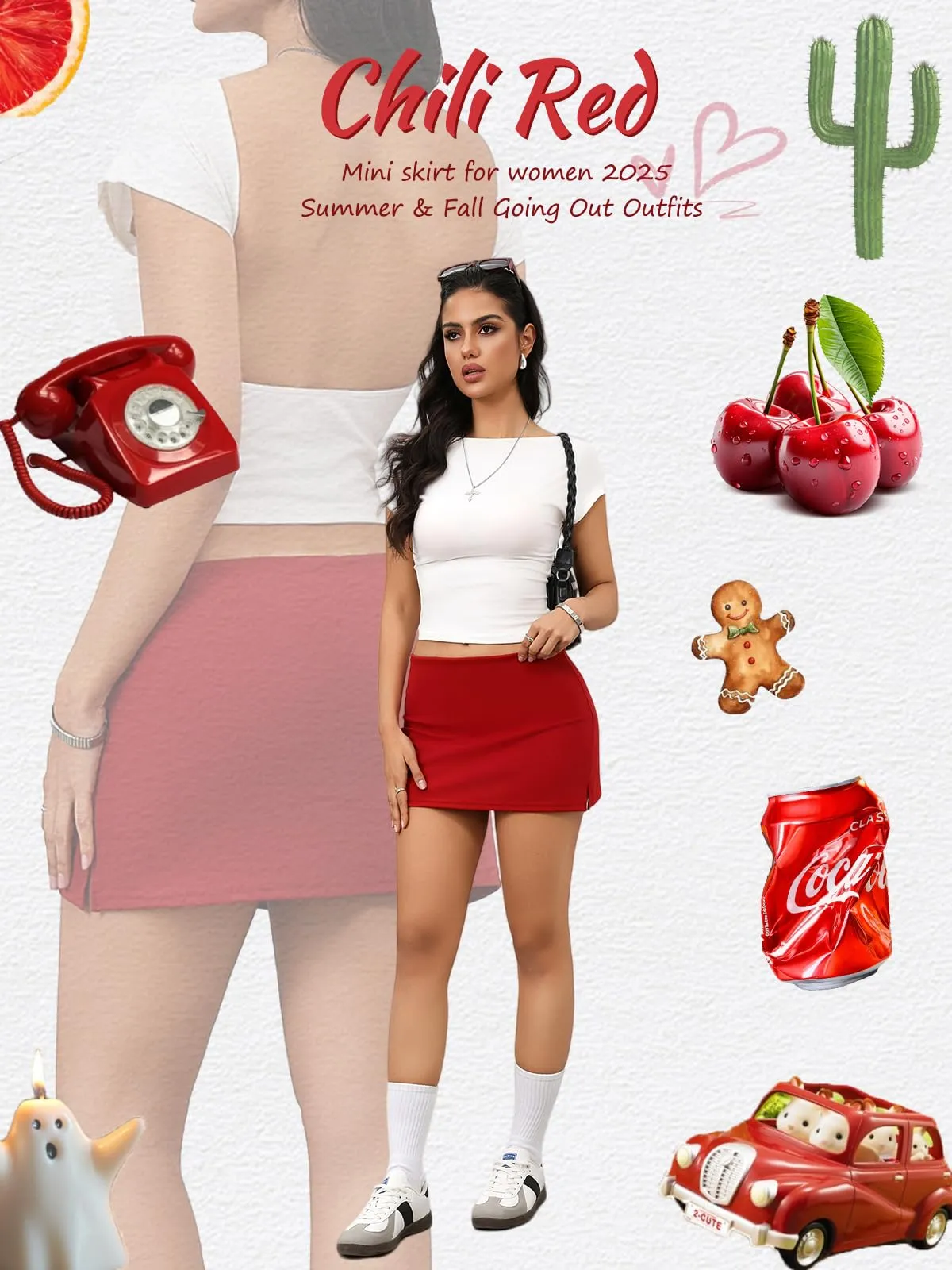 Danysu Gonna Mini Elasticizzata a Vita Bassa con Pantaloncini e Spacco Laterale, Rosso Peperoncino, XS - immagine 5