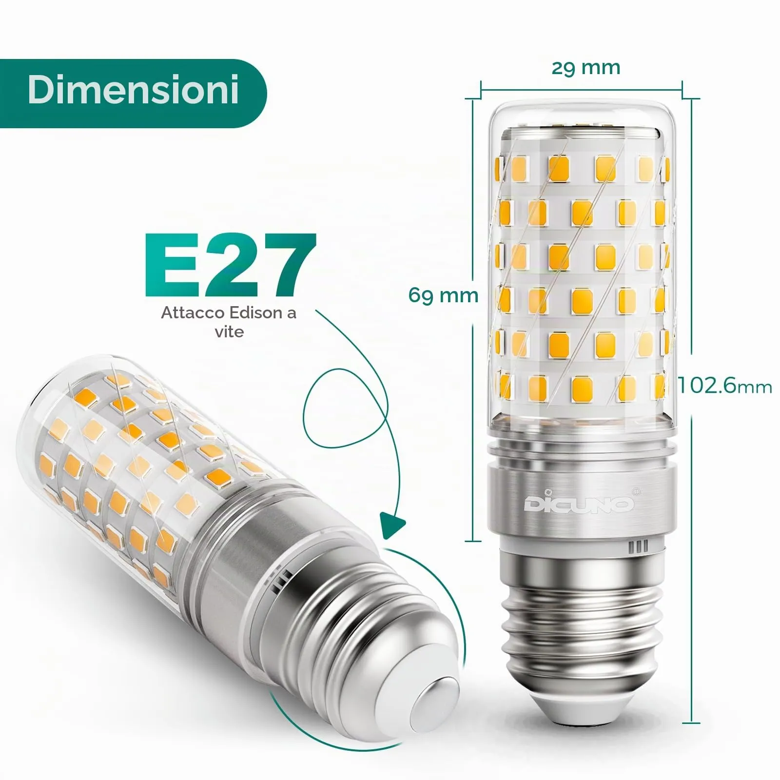 DiCUNO Lampadina LED E27 Mais 10W 2700K 1200lm, 4 Pezzi - immagine 3