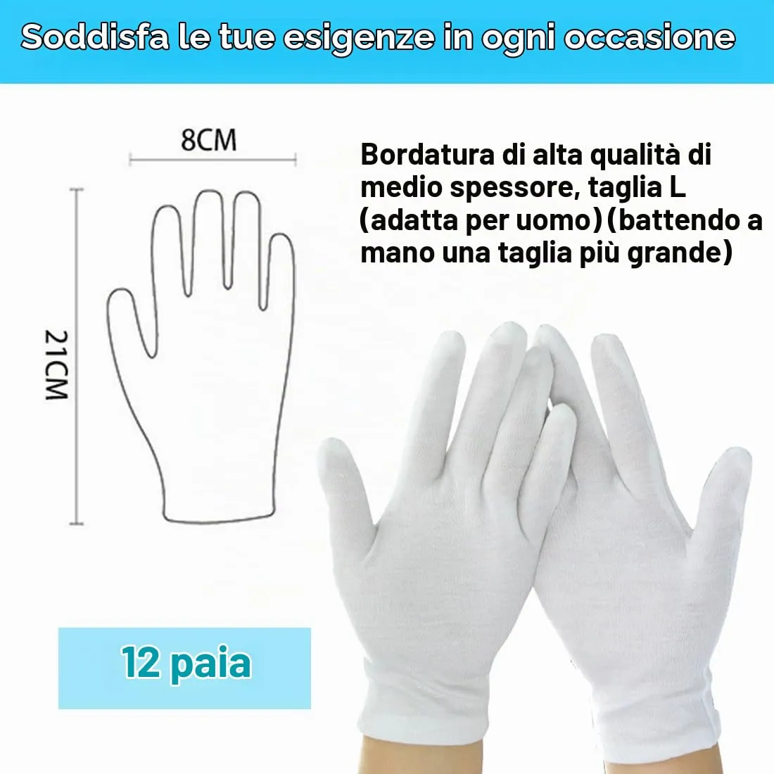 ZENQARI Guanti in Cotone Bianco per Uomini e Donne, 12 Paia, 100% Cotone, per Mani Secche e Ispezione Gioielli - immagine 2