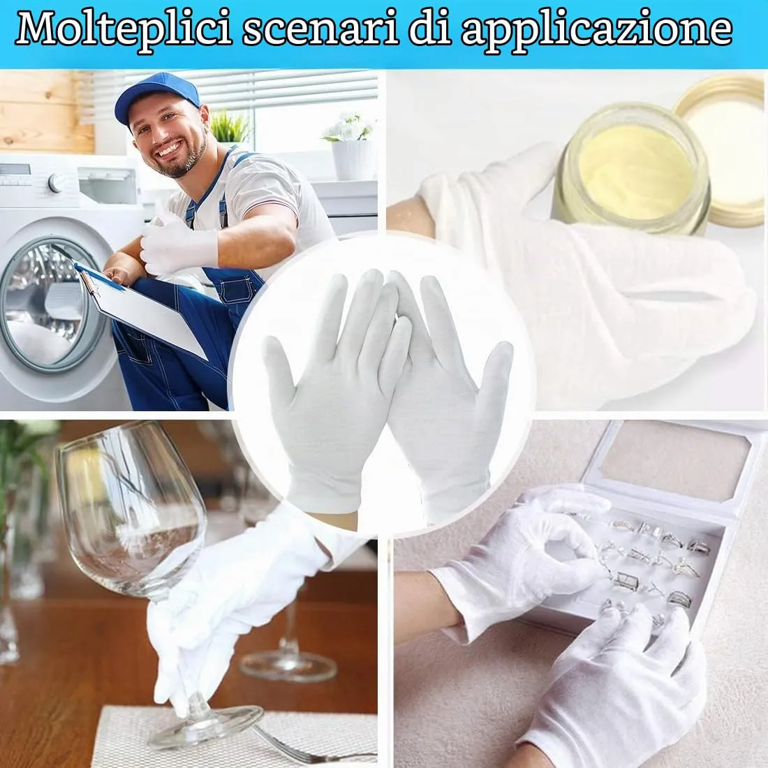 ZENQARI Guanti in Cotone Bianco per Uomini e Donne, 12 Paia, 100% Cotone, per Mani Secche e Ispezione Gioielli - immagine 6