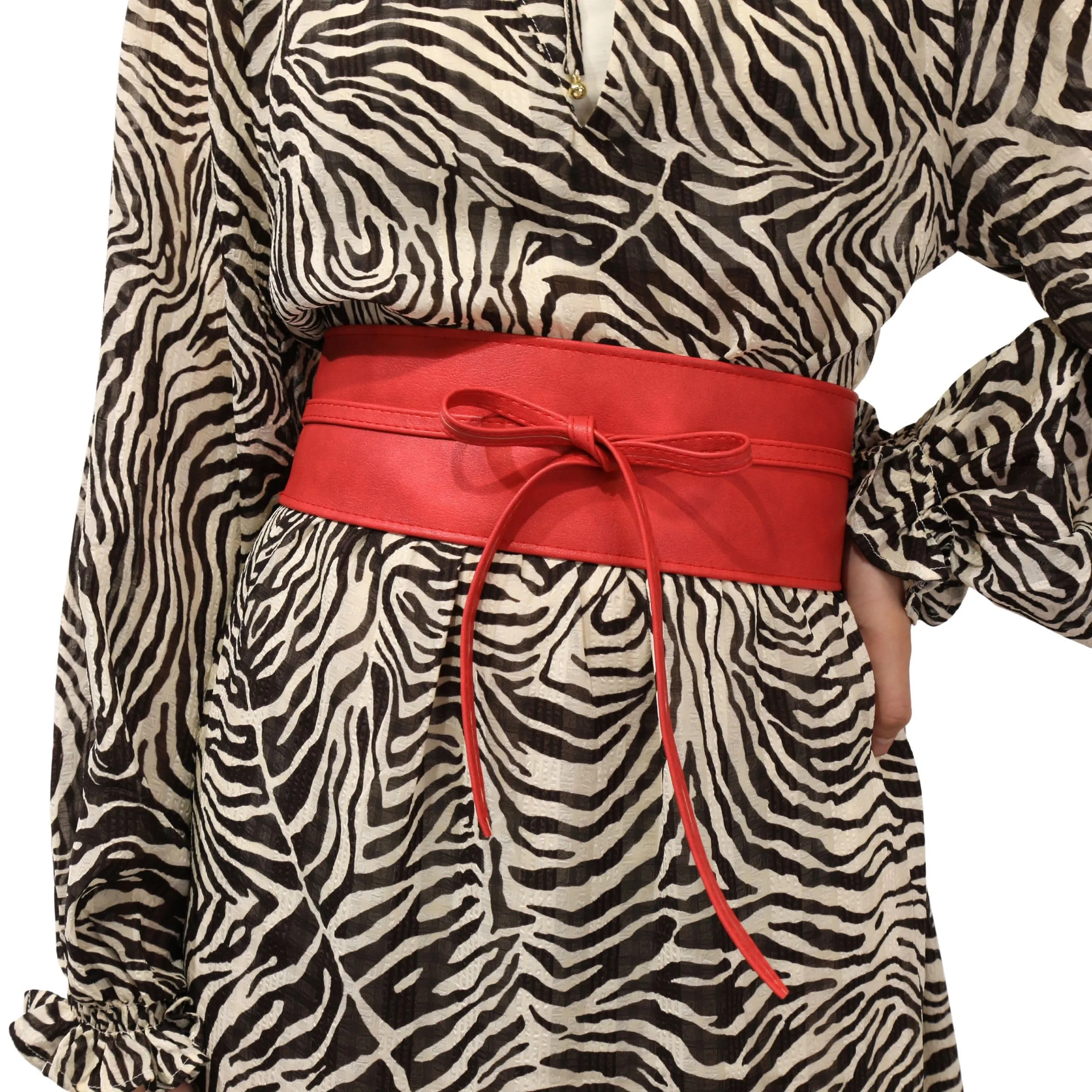 FASHIONGEN Cintura Obi da donna in similpelle, Rosso lampone, L-XL - immagine 5