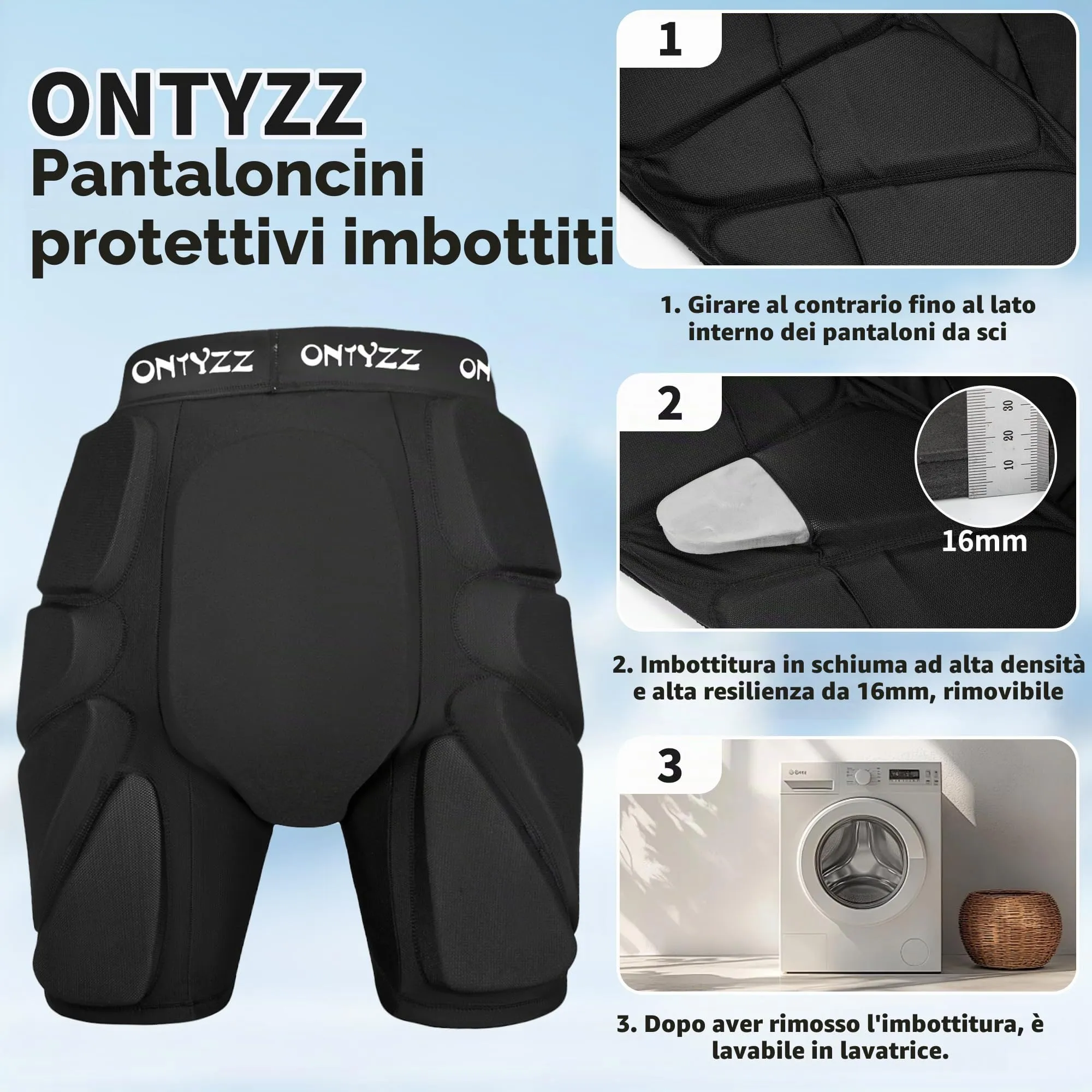ONTYZZ Pantaloni Protettivi Imbottiti per Anca, Sedere e Coccige per Skateboard, Sci e Snowboard - immagine 4