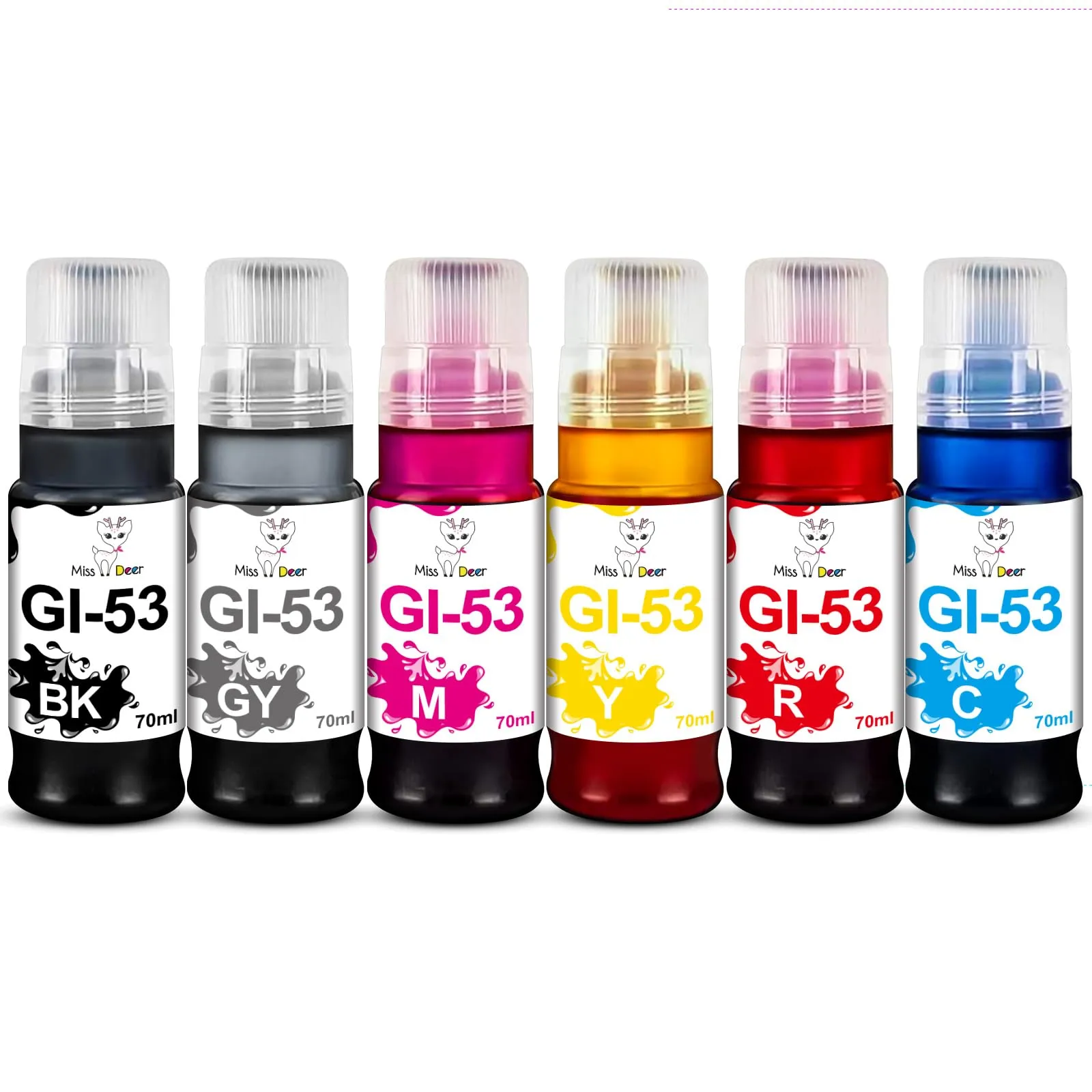 Miss Deer GI-53 Inchiostro per Canon PIXMA G650 G550 (GI-53BK, GI-53C, GI-53M, GI-53Y, GI-53R, GI-53GY, 6-Pack) - immagine 1