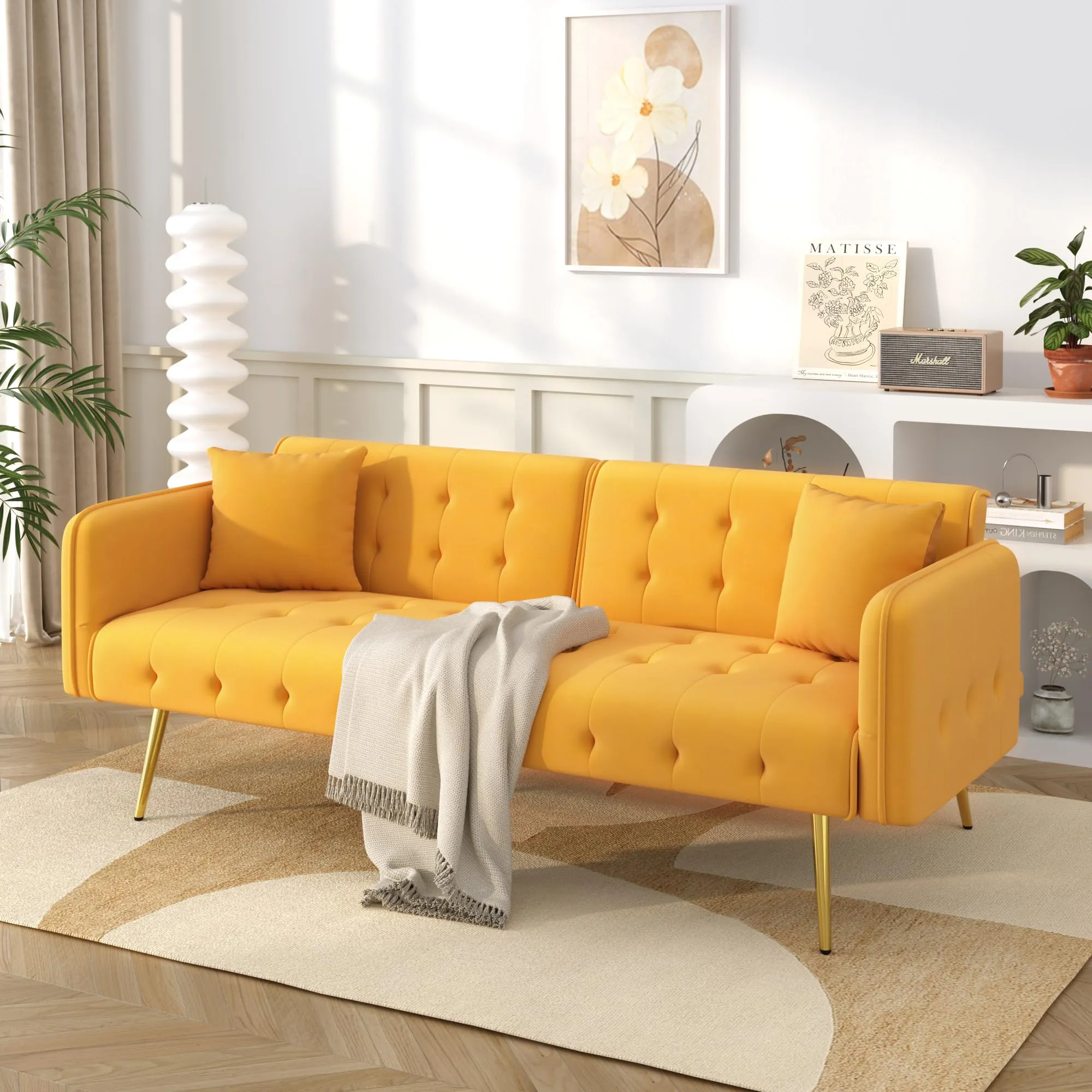 NADEUSAK Divano letto a due posti in velluto con schienale regolabile, giallo - immagine 2