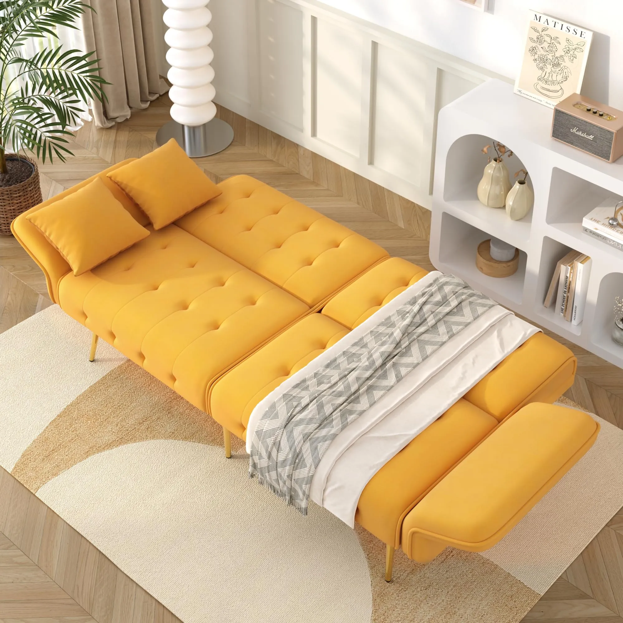 NADEUSAK Divano letto a due posti in velluto con schienale regolabile, giallo - immagine 3