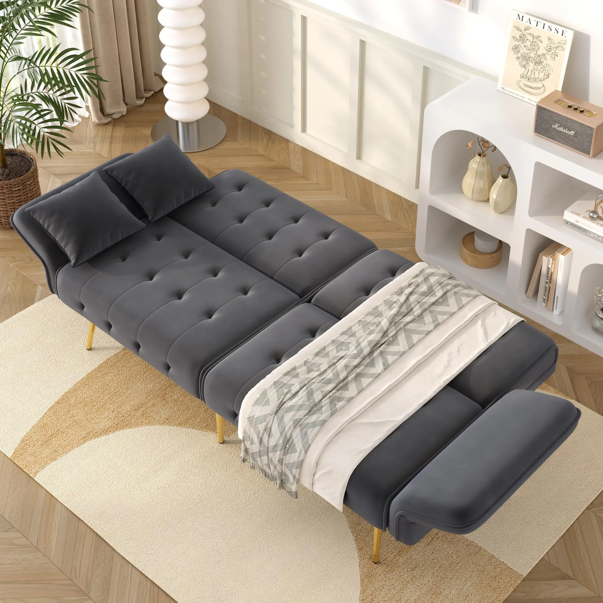 NADEUSAK Divano Multifunzione a Due Posti Convertibile in Letto, Velluto Grigio Antico, 80x180cm - immagine 2