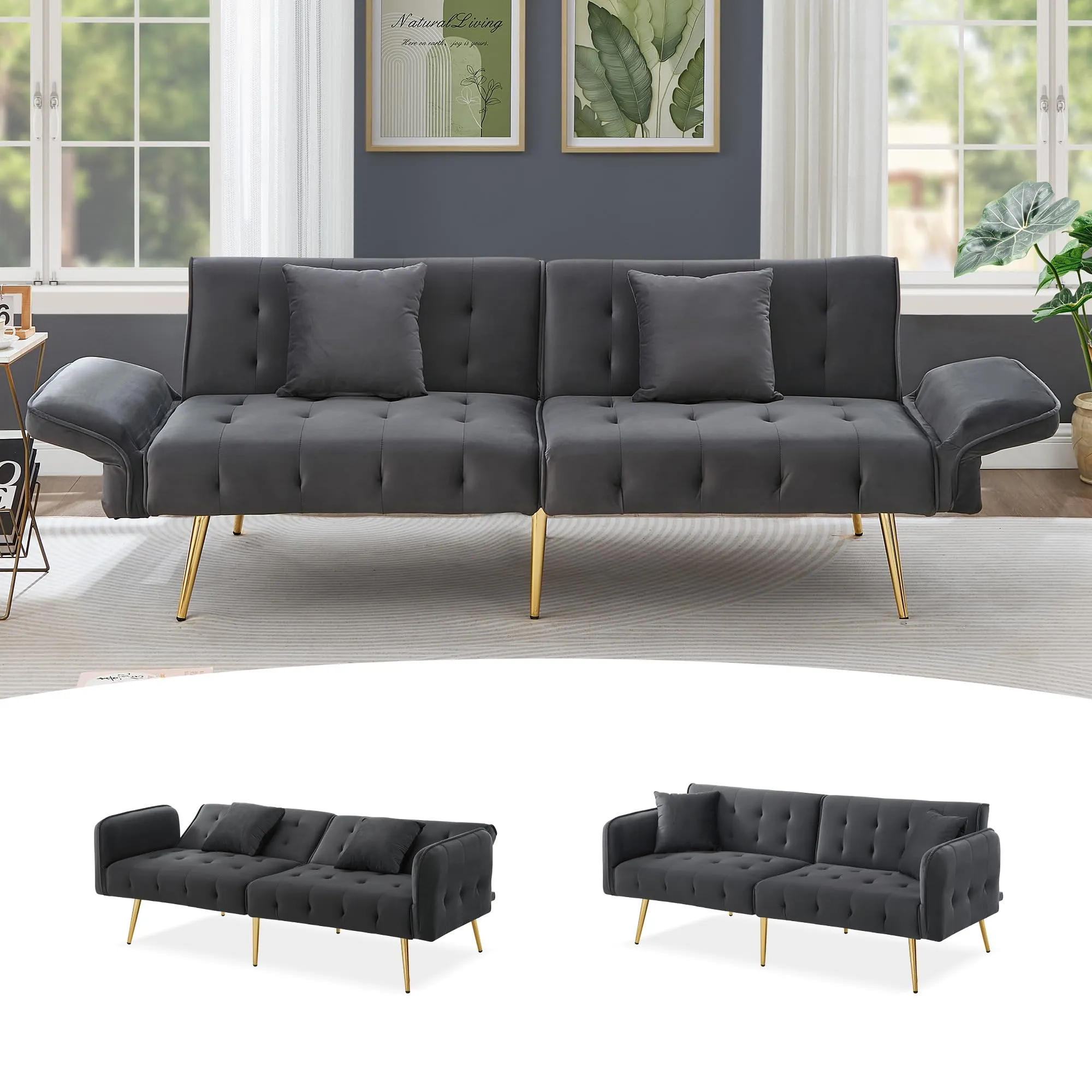 NADEUSAK Divano Multifunzione a Due Posti Convertibile in Letto, Velluto Grigio Antico, 80x180cm - immagine 3