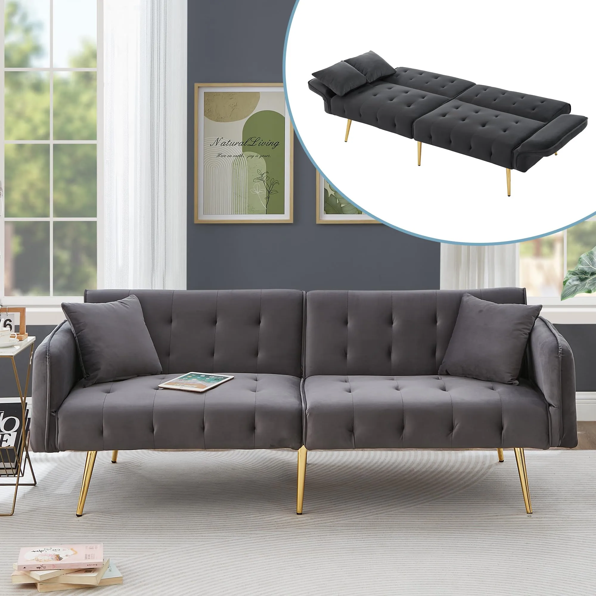 NADEUSAK Divano Multifunzione a Due Posti Convertibile in Letto, Velluto Grigio Antico, 80x180cm - immagine 4
