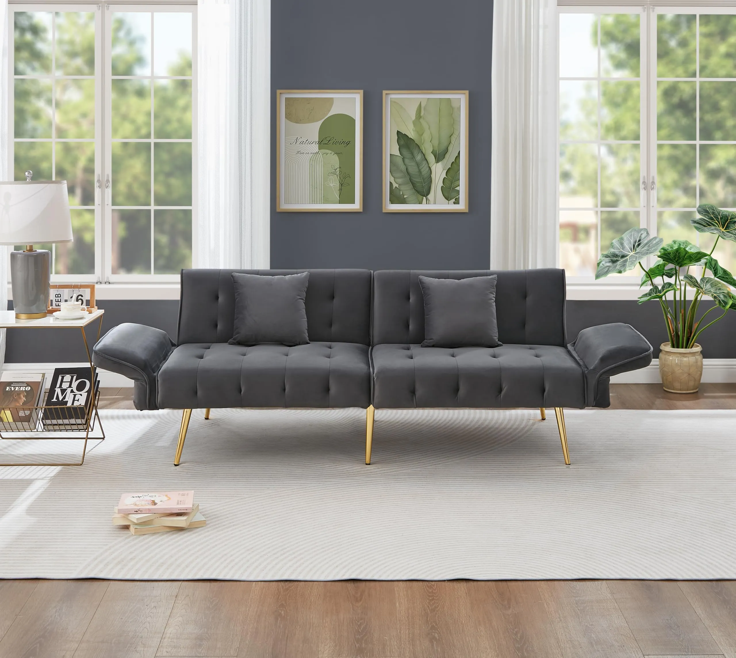 NADEUSAK Divano Multifunzione a Due Posti Convertibile in Letto, Velluto Grigio Antico, 80x180cm - immagine 5