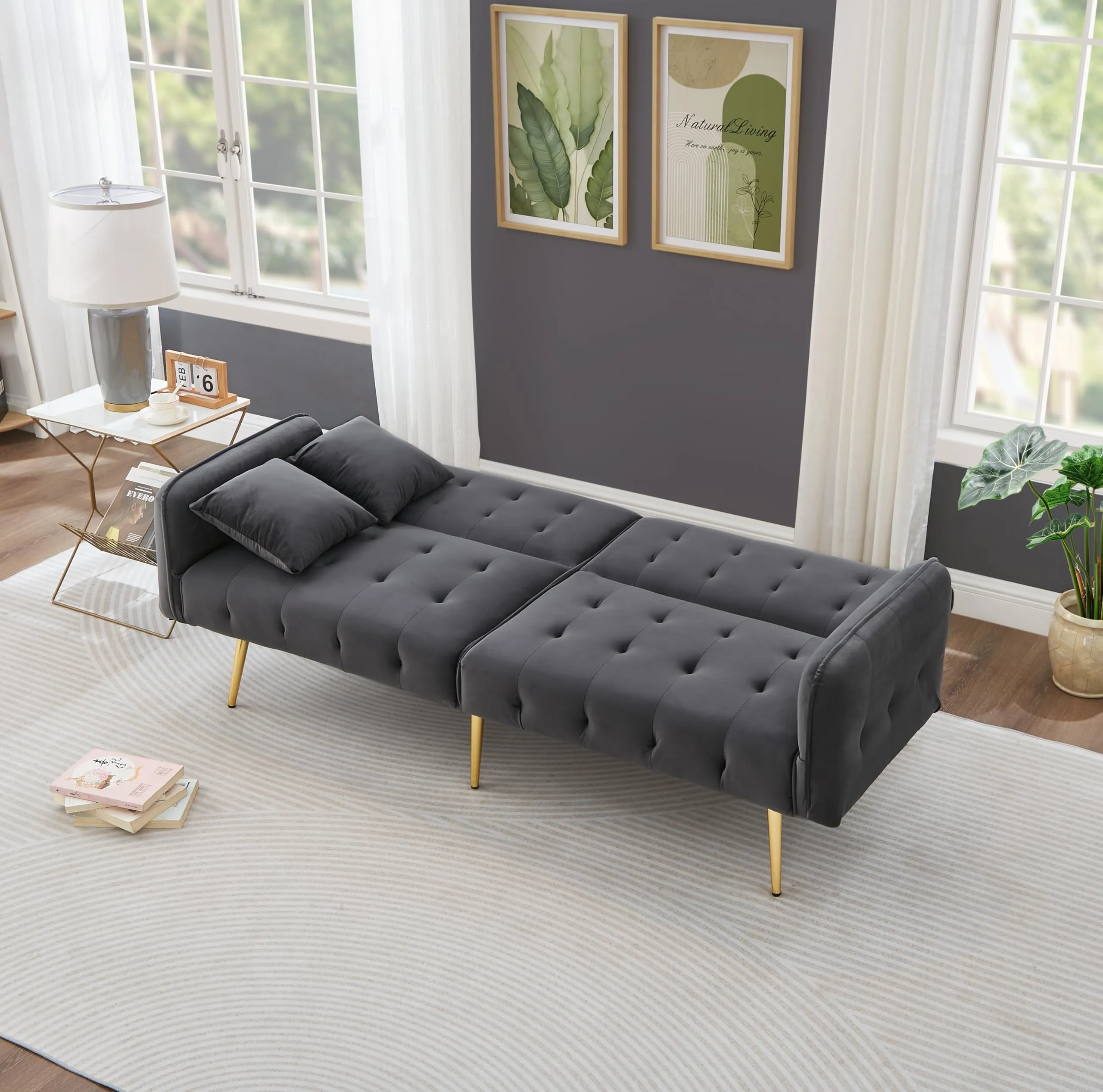 NADEUSAK Divano Multifunzione a Due Posti Convertibile in Letto, Velluto Grigio Antico, 80x180cm - immagine 6
