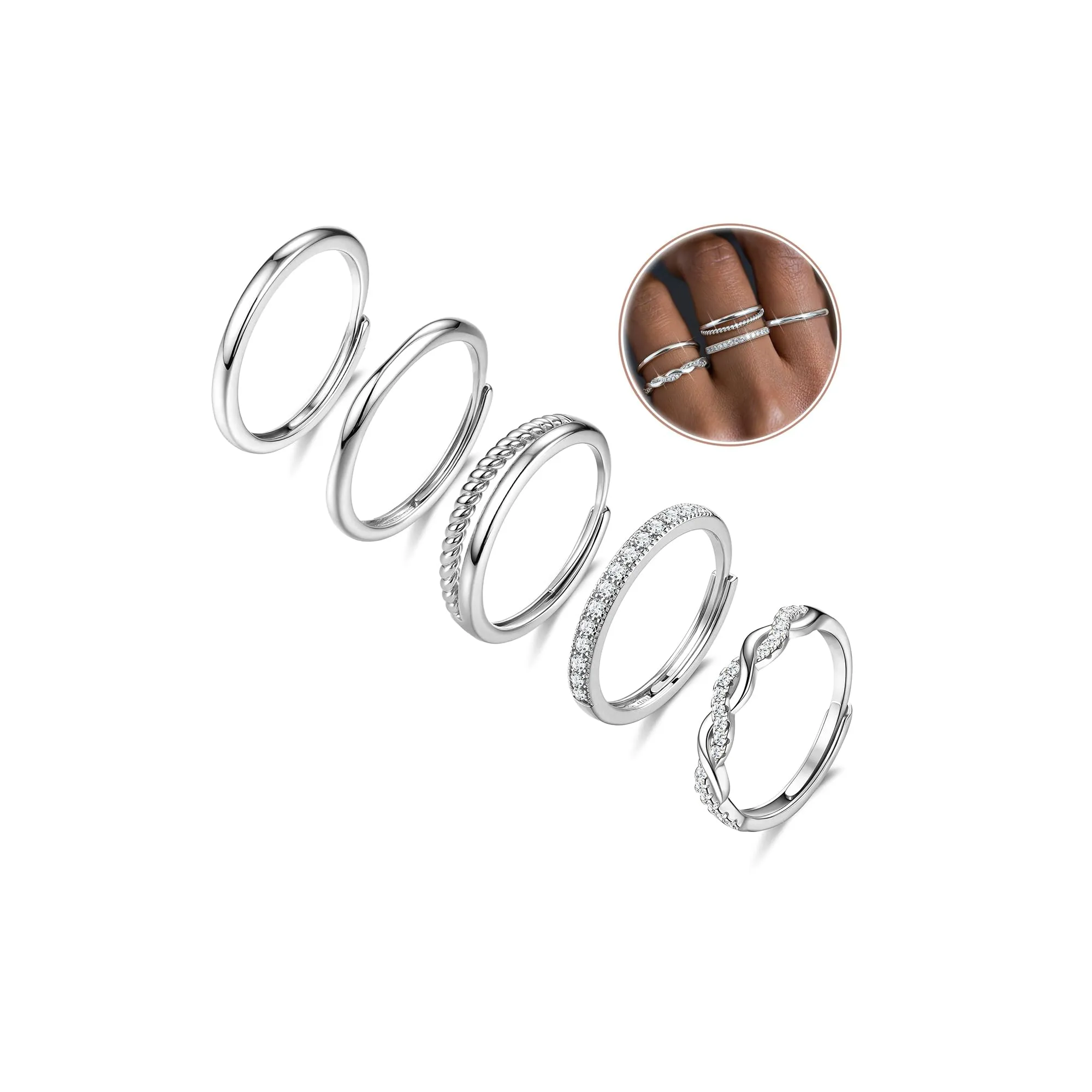 YADOCA Set di 5 Anelli in Argento Regolabili per Donna - immagine 1