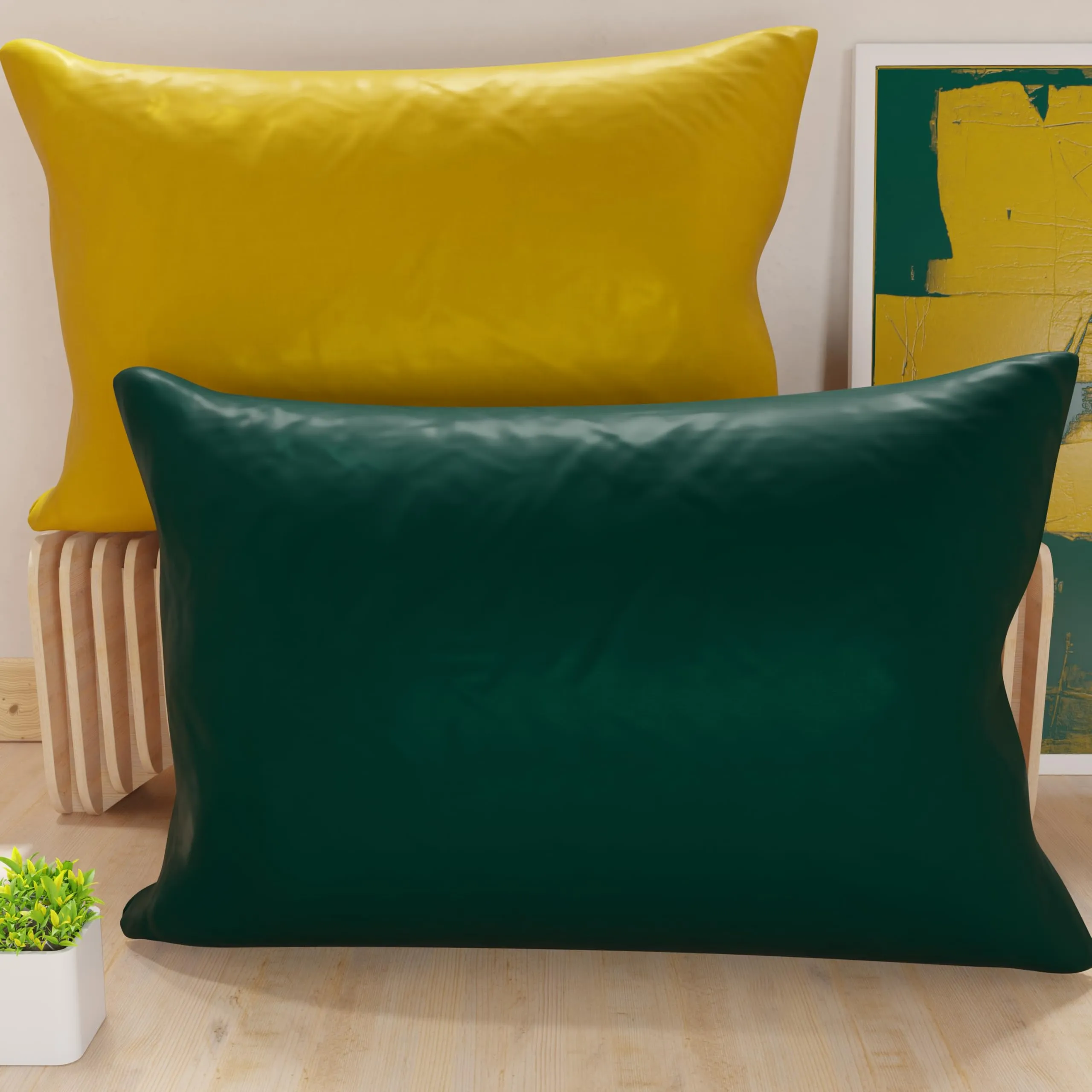 PETTI Artigiani Italiani - Set 2 Federe Cuscino 80x50 cm in Microfibra Double Face Verde Smeraldo Giallo Ocra - immagine 1
