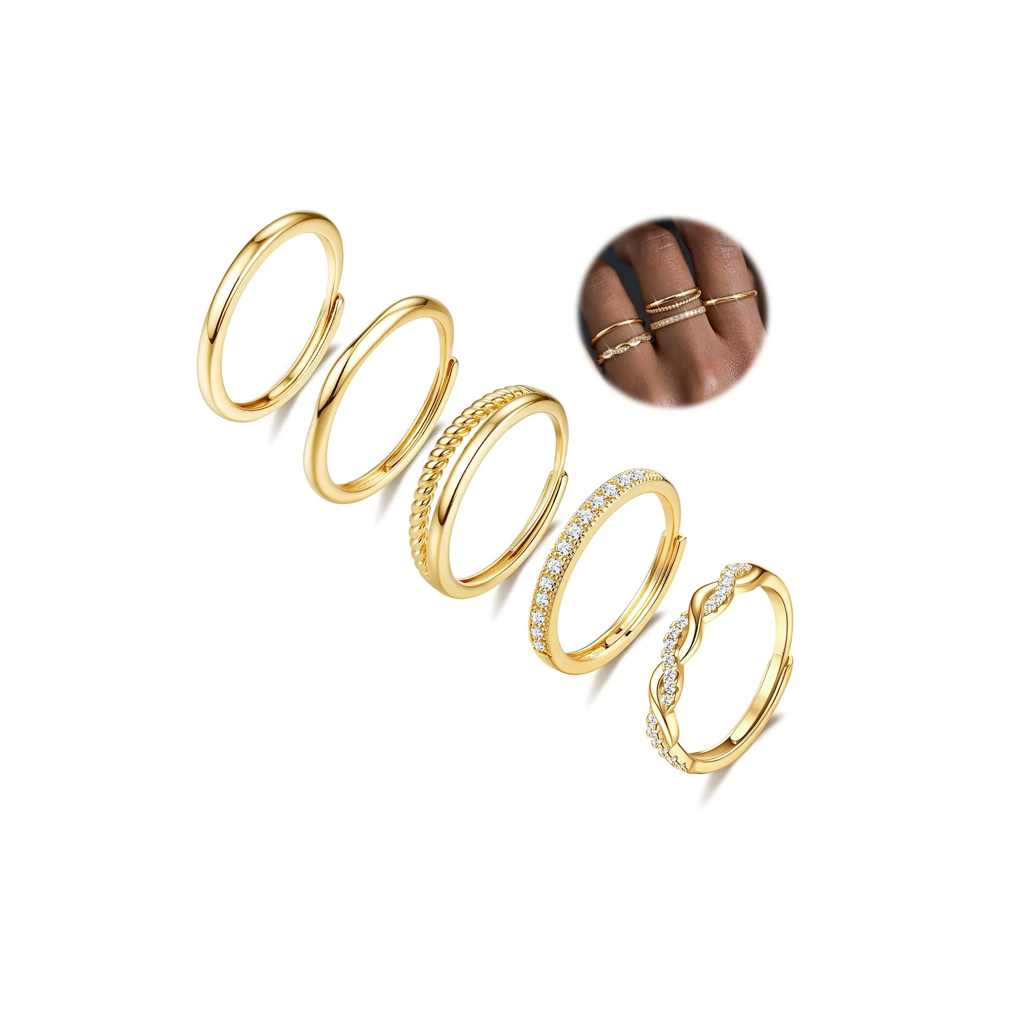 YADOCA Set di 5 Anelli in Oro Regolabili e Impilabili per Donna - immagine 1