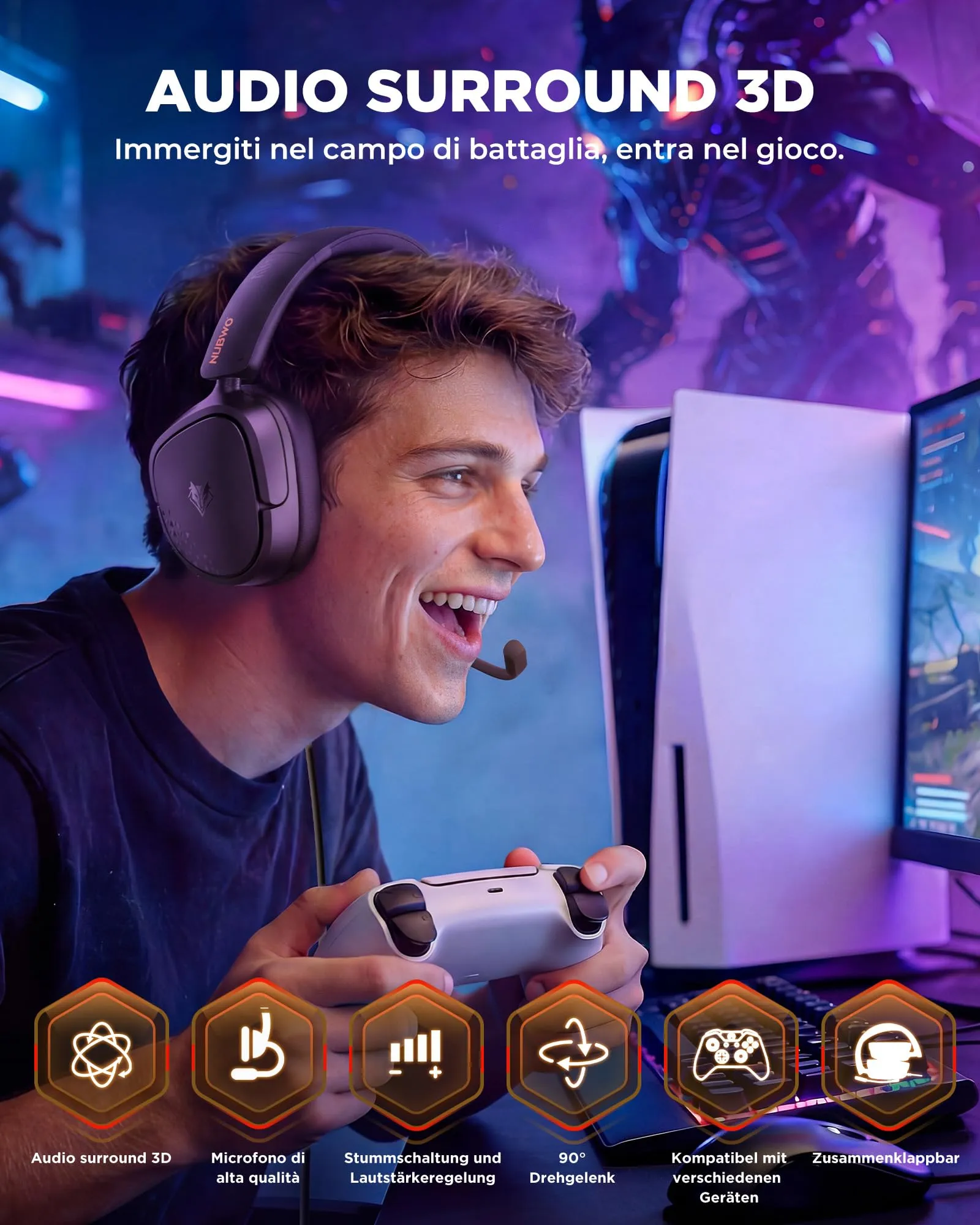 NUBWO HG04L Cuffie Gaming per PS5, PS4, Xbox Series X|S, Xbox One, Switch - Microfono Unidirezionale, Memory Foam, Jack 3,5mm (Nero) - immagine 2