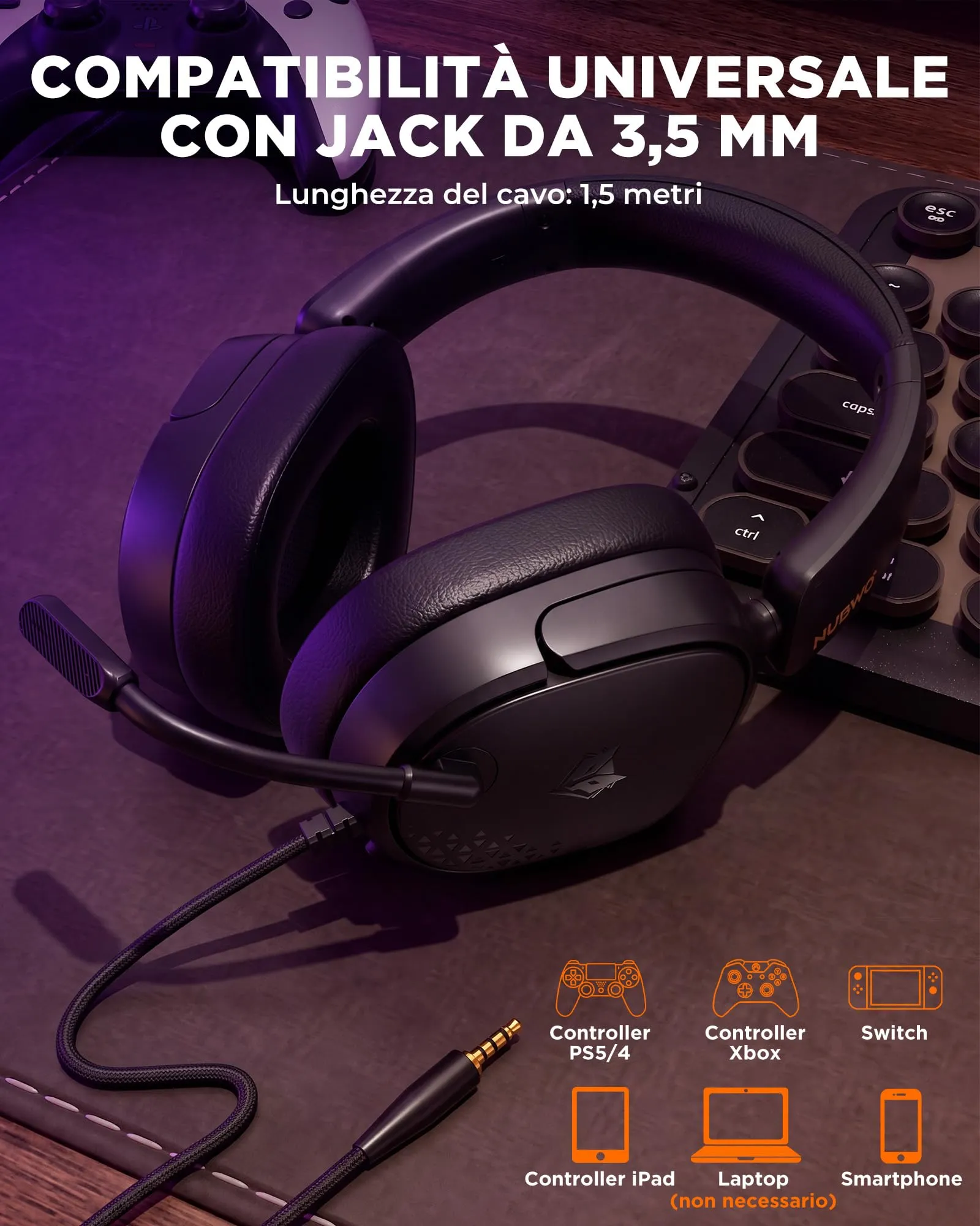 NUBWO HG04L Cuffie Gaming per PS5, PS4, Xbox Series X|S, Xbox One, Switch - Microfono Unidirezionale, Memory Foam, Jack 3,5mm (Nero) - immagine 6