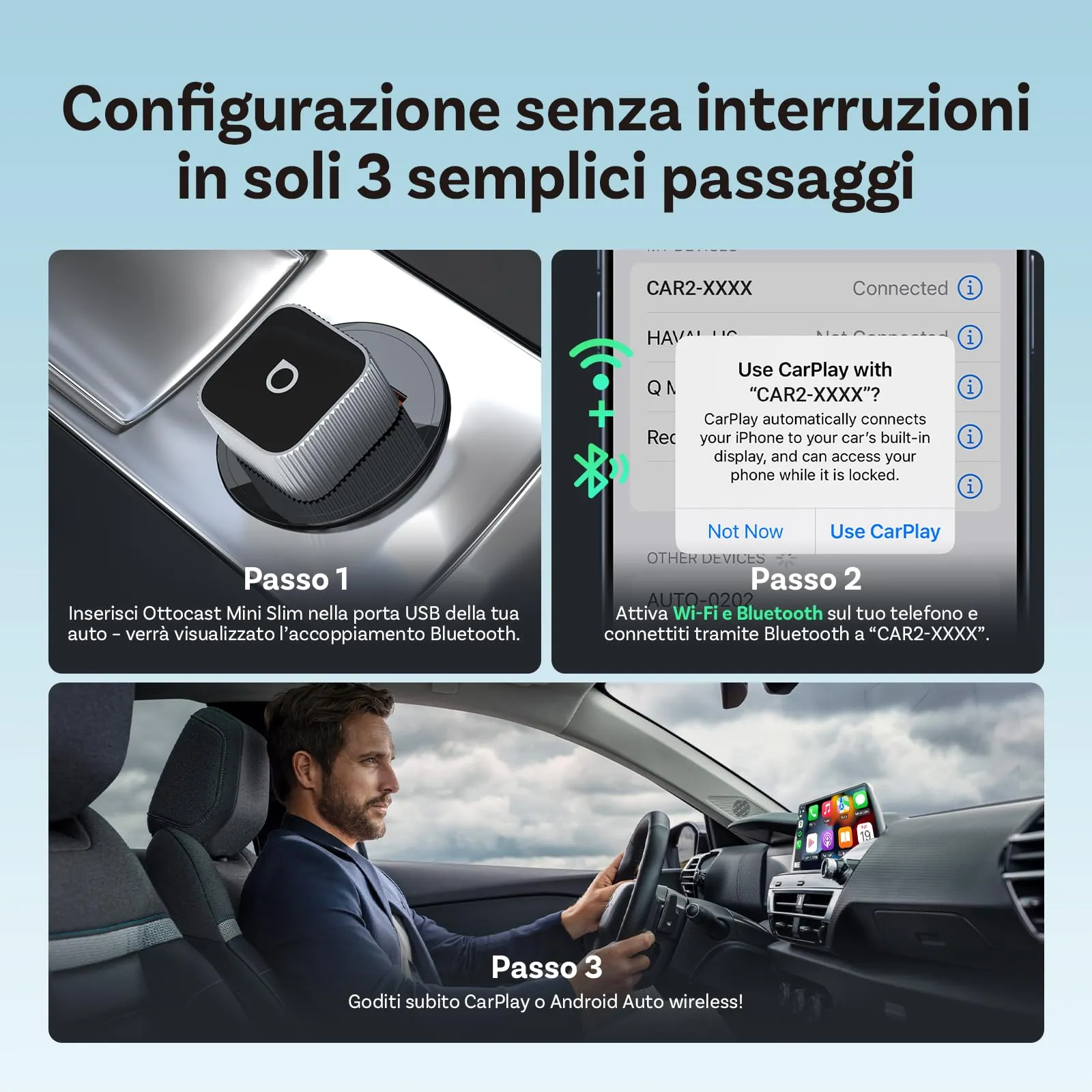 OTTOCAST 2 in 1 Wireless CarPlay & Android Auto Adapter Mini Slim - immagine 9
