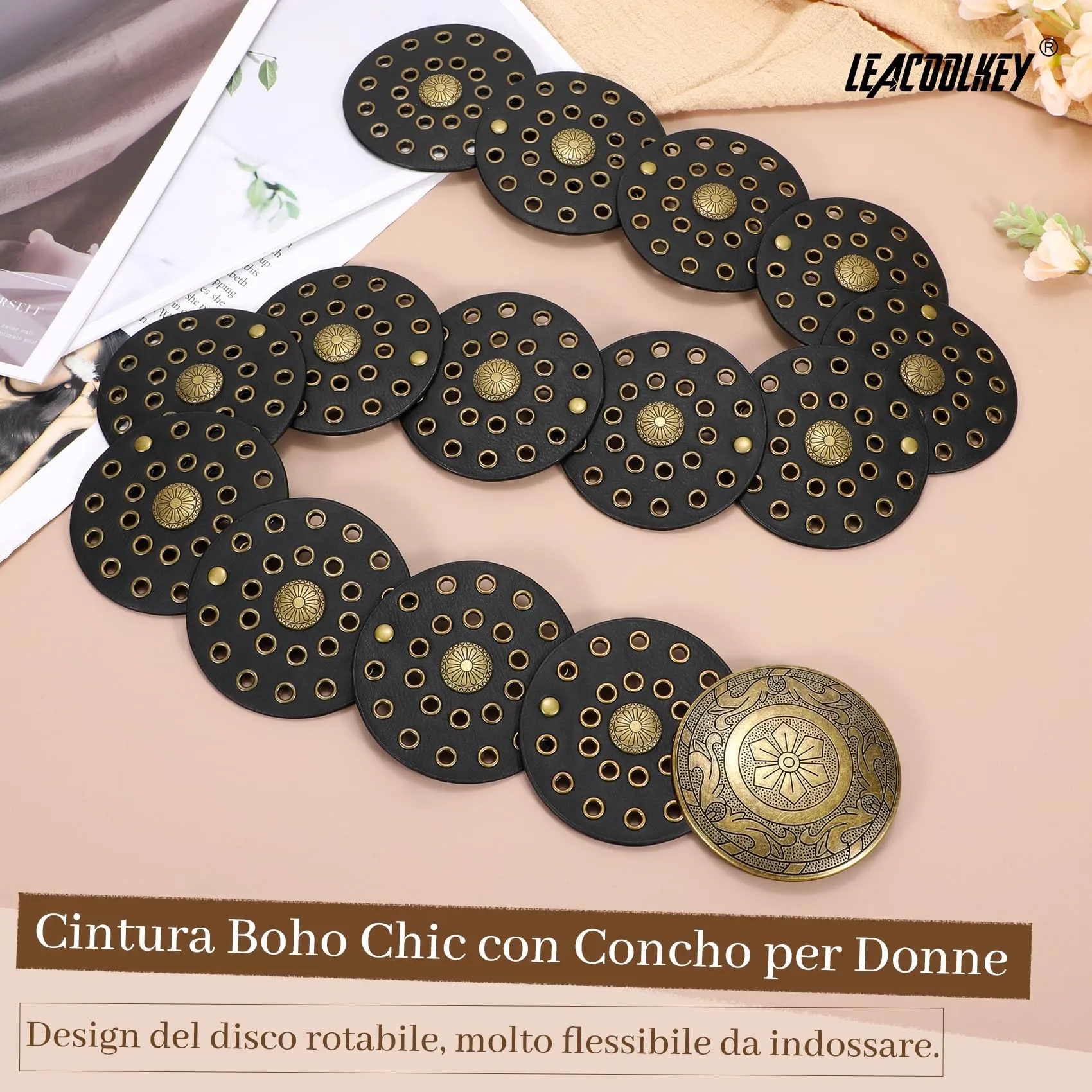 LEACOOLKEY Cintura Donna Boho Disco Larga Western in Pelle Concho per Vestiti e Jeans - immagine 4