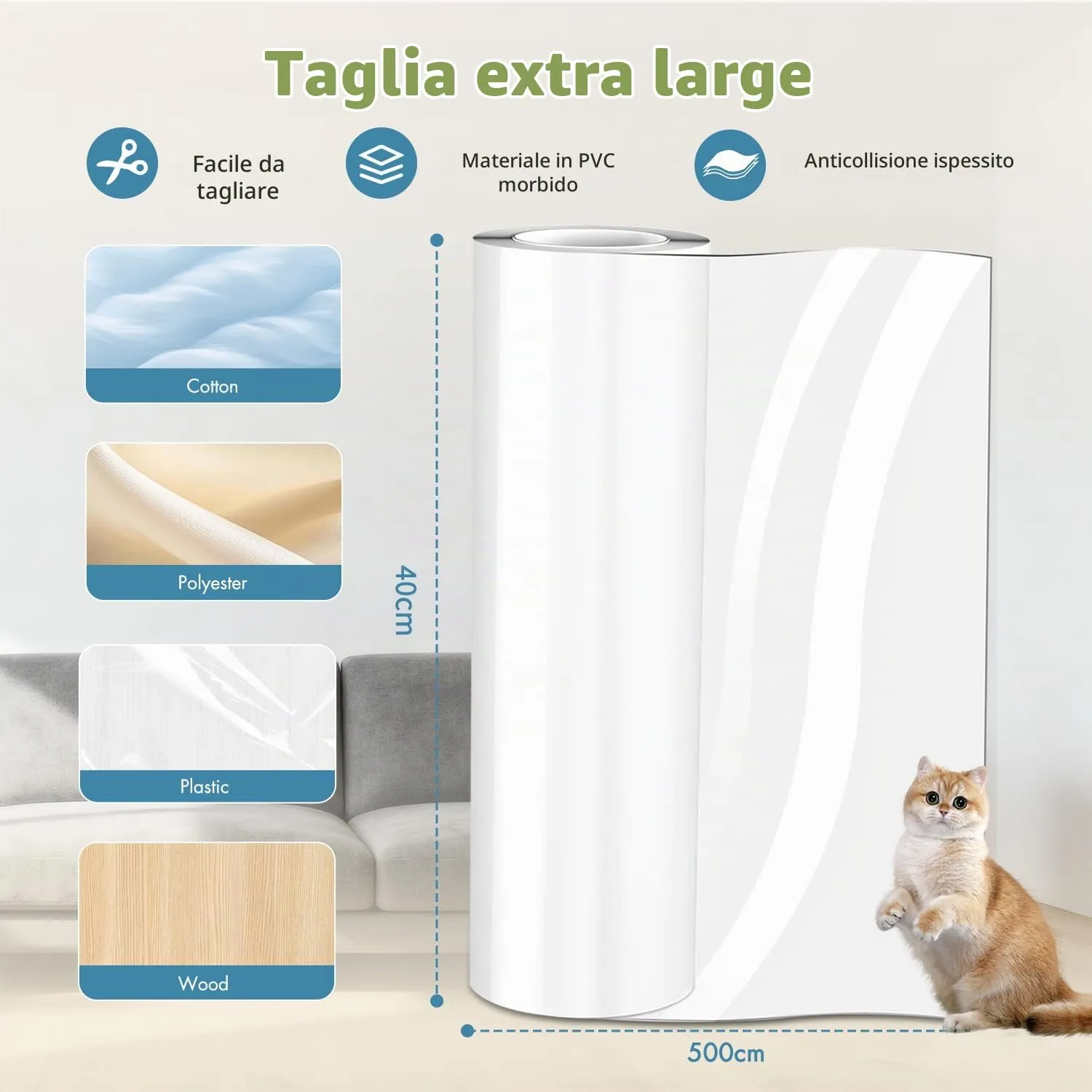 Lovcoyo Protezione Divano Antigraffio per Gatti in PVC, 40x500cm, Trasparente - immagine 2