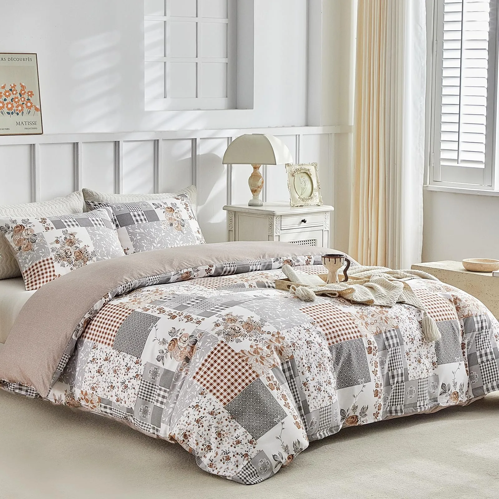 Tokokimo Set Copripiumino Matrimoniale 3 Pezzi, Motivo Patchwork Pattaya in Microfibra, 240x220 cm, Khaki - immagine 2