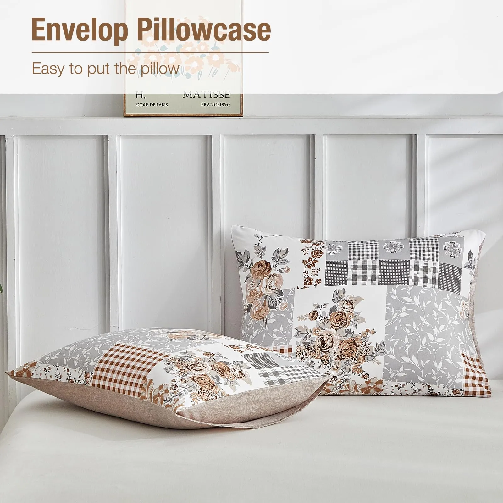Tokokimo Set Copripiumino Matrimoniale 3 Pezzi, Motivo Patchwork Pattaya in Microfibra, 240x220 cm, Khaki - immagine 5