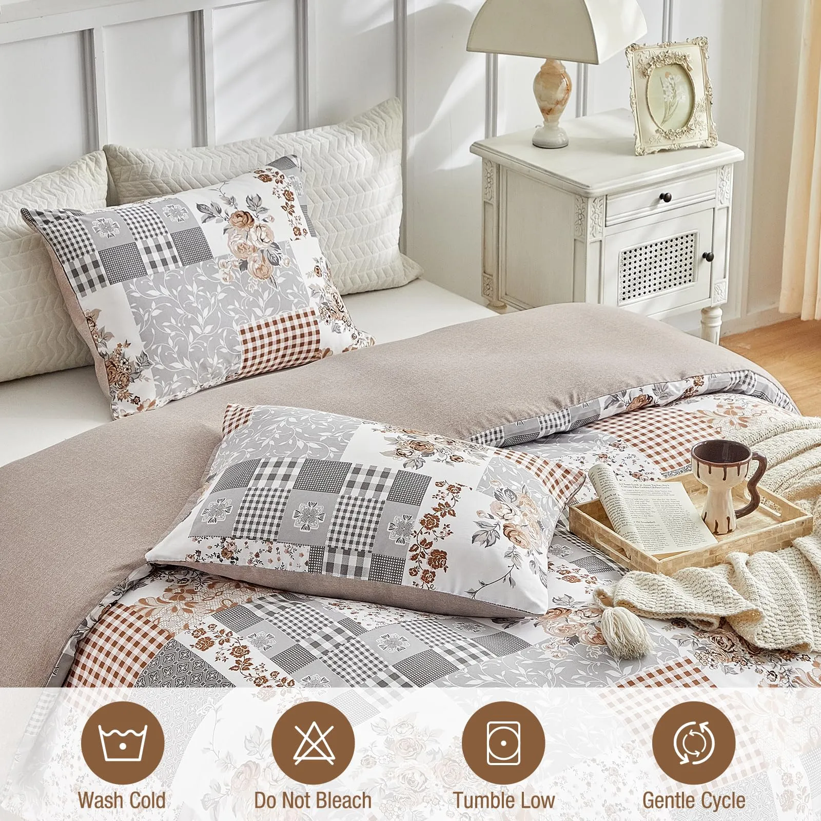 Tokokimo Set Copripiumino Matrimoniale 3 Pezzi, Motivo Patchwork Pattaya in Microfibra, 240x220 cm, Khaki - immagine 6