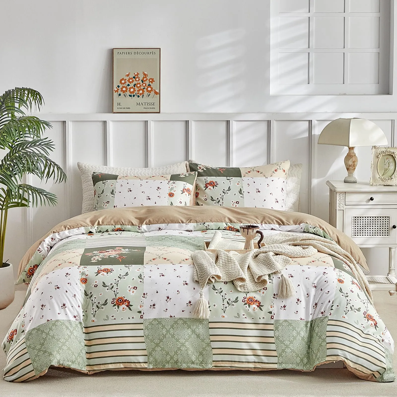 Tokokimo Set Copripiumino Matrimoniale 3 Pezzi, Motivo Patchwork Pattaya in Microfibra, 240x220 cm, Verde Beige - immagine 1