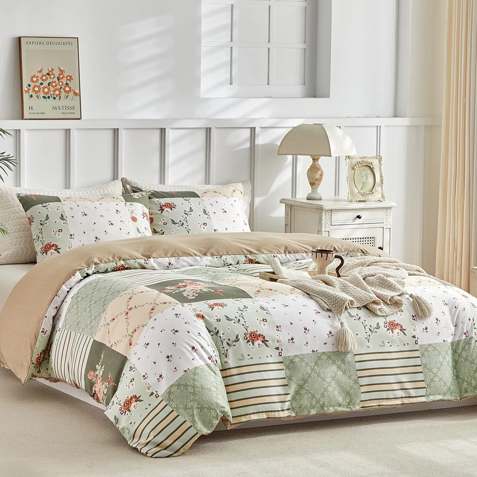 Tokokimo Set Copripiumino Matrimoniale 3 Pezzi, Motivo Patchwork Pattaya in Microfibra, 240x220 cm, Verde Beige - immagine 2