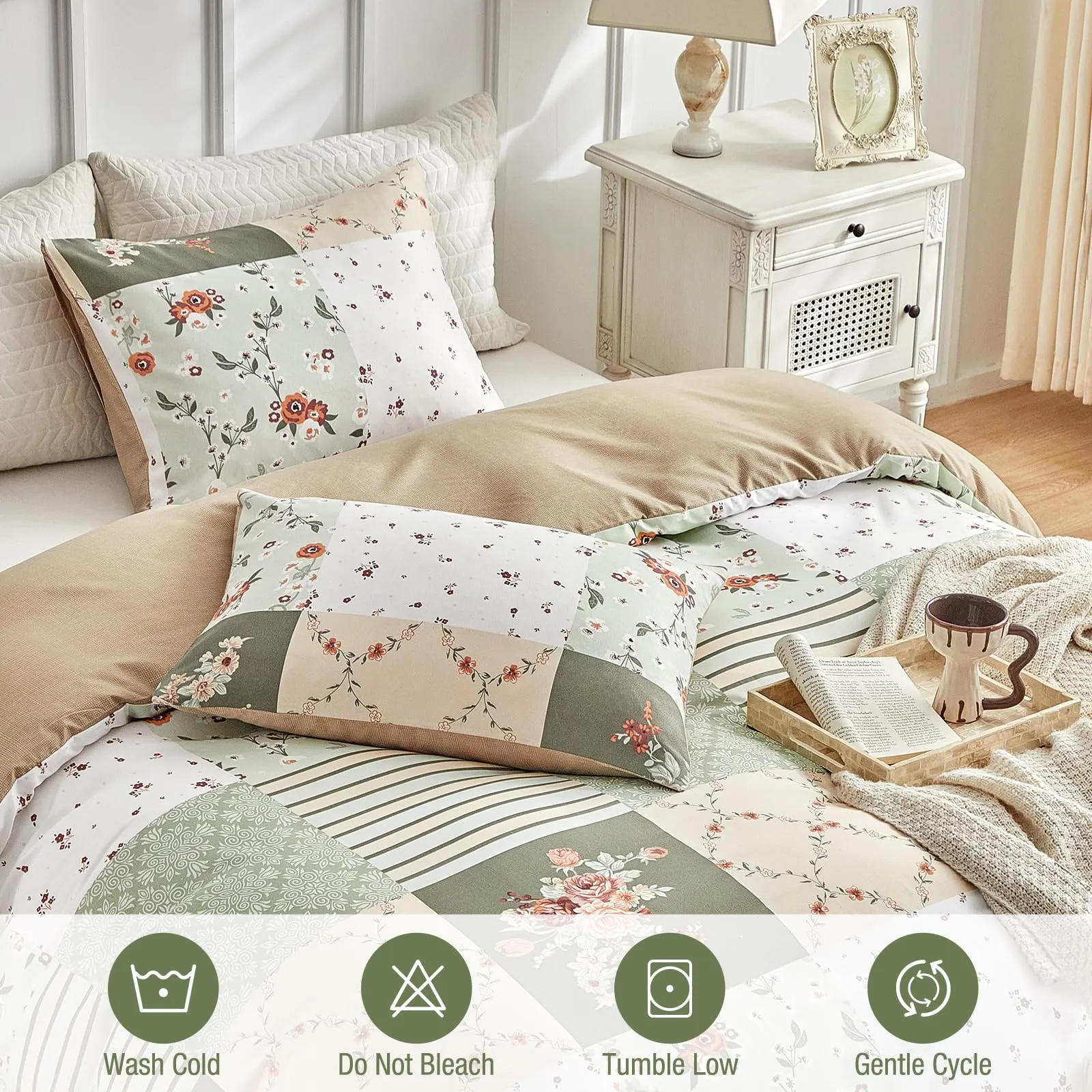 Tokokimo Set Copripiumino Matrimoniale 3 Pezzi, Motivo Patchwork Pattaya in Microfibra, 240x220 cm, Verde Beige - immagine 5