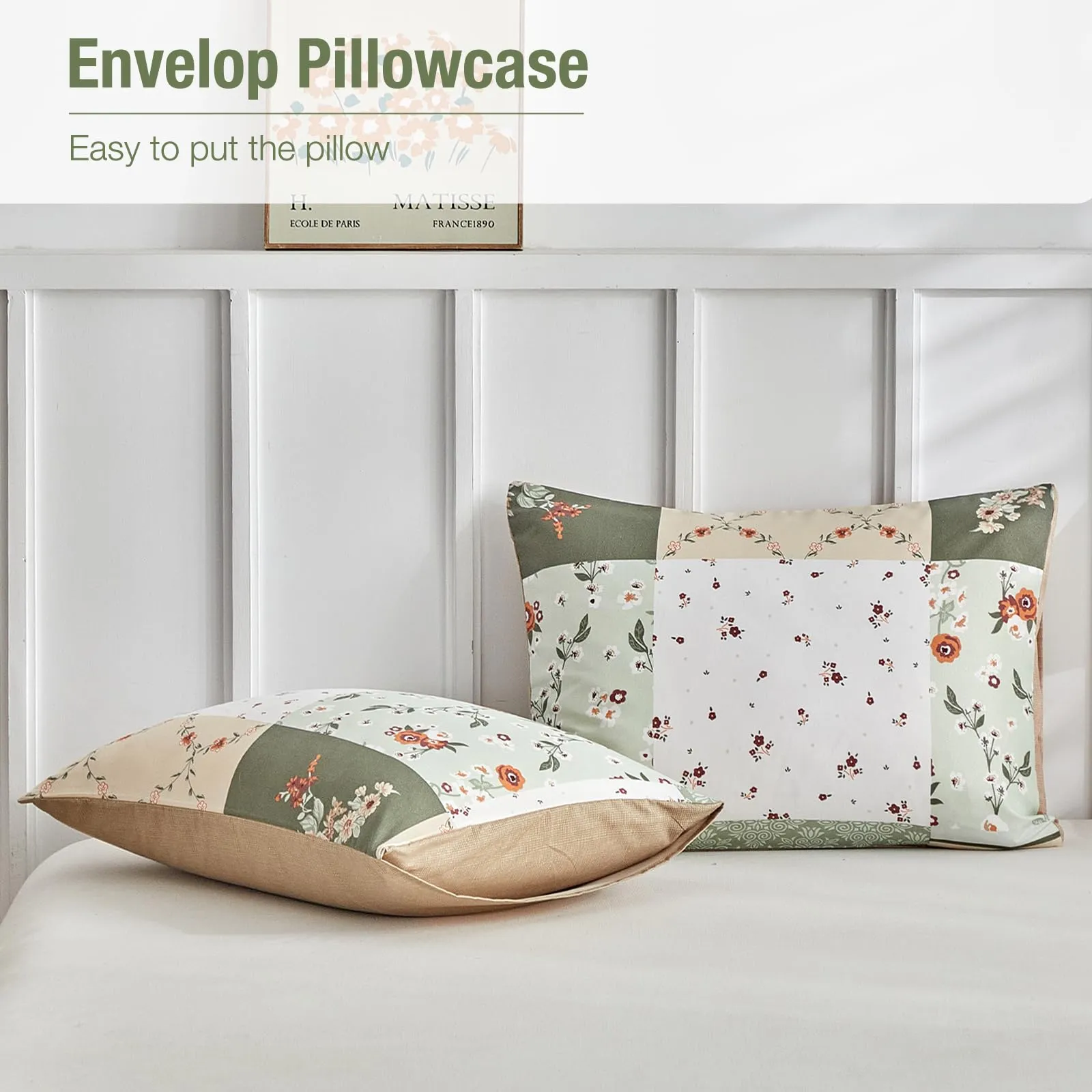 Tokokimo Set Copripiumino Matrimoniale 3 Pezzi, Motivo Patchwork Pattaya in Microfibra, 240x220 cm, Verde Beige - immagine 6