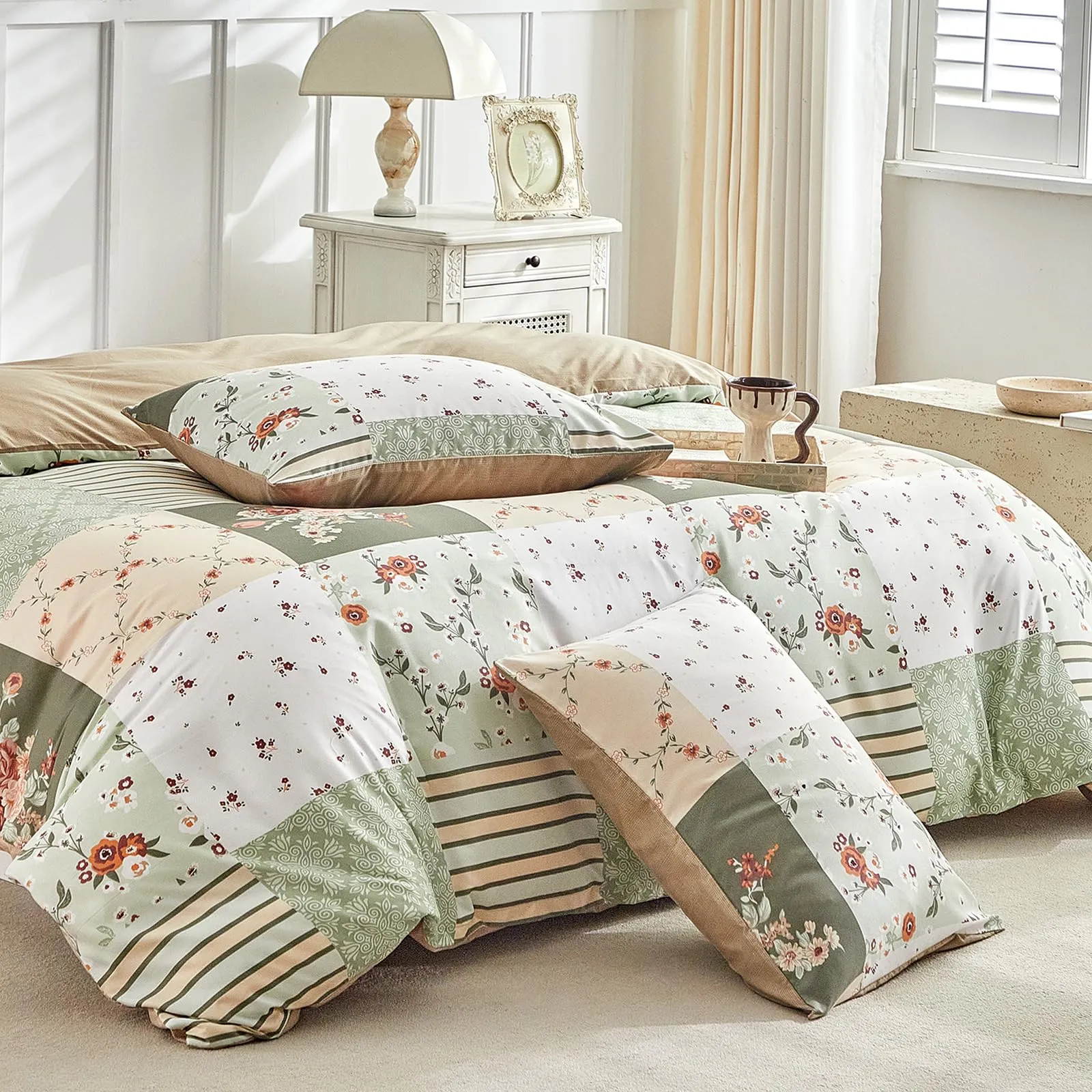 Tokokimo Set Copripiumino Matrimoniale 3 Pezzi, Motivo Patchwork Pattaya in Microfibra, 240x220 cm, Verde Beige - immagine 9