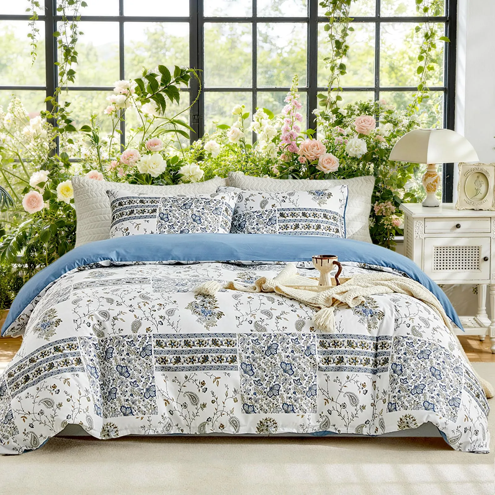 Tokokimo Set Copripiumino Matrimoniale 3 Pezzi Motivo Patchwork Sogno Blu, 240x220 cm con 2 Federe 50x80 cm, Microfibra, Azzurro - immagine 1