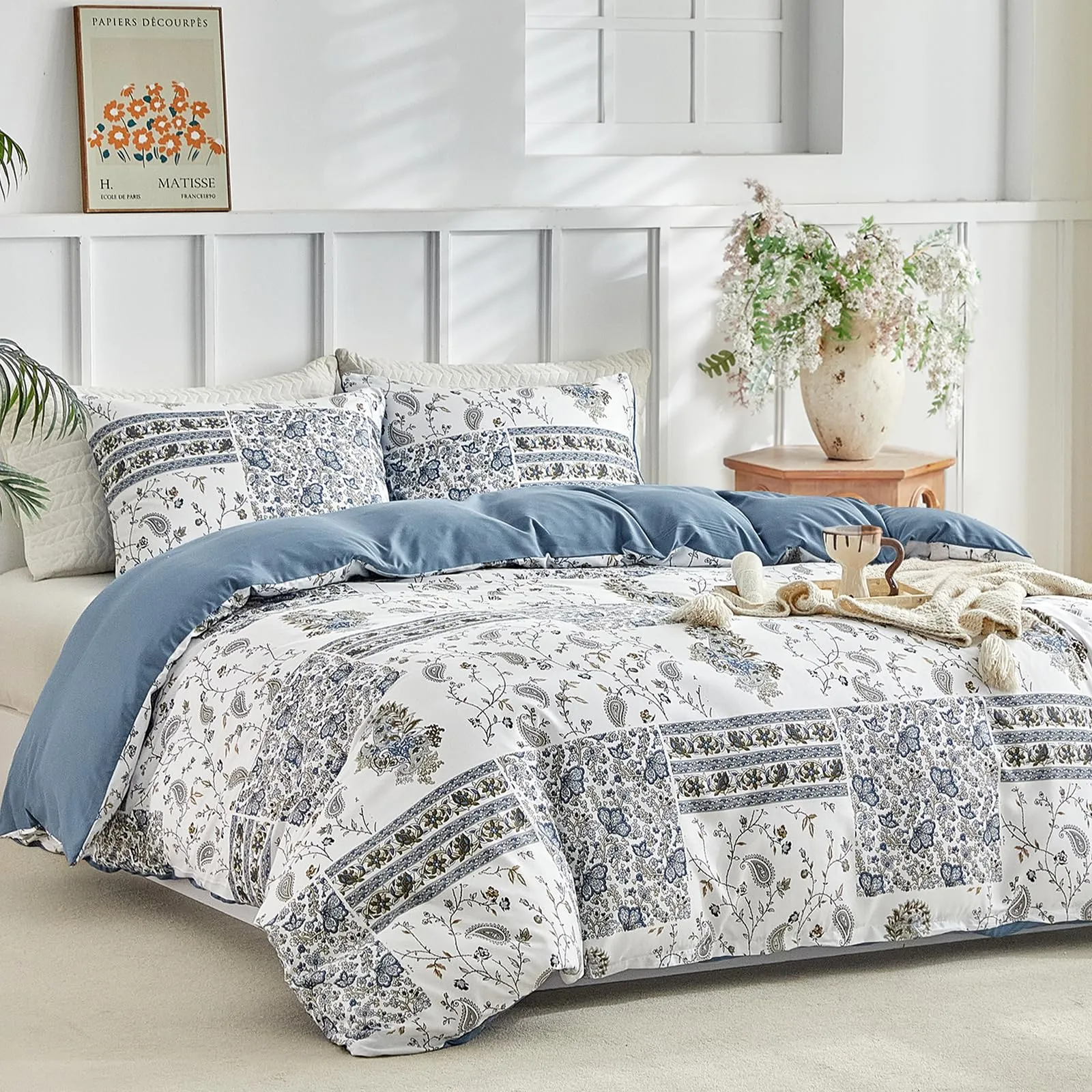 Tokokimo Set Copripiumino Matrimoniale 3 Pezzi Motivo Patchwork Sogno Blu, 240x220 cm con 2 Federe 50x80 cm, Microfibra, Azzurro - immagine 2