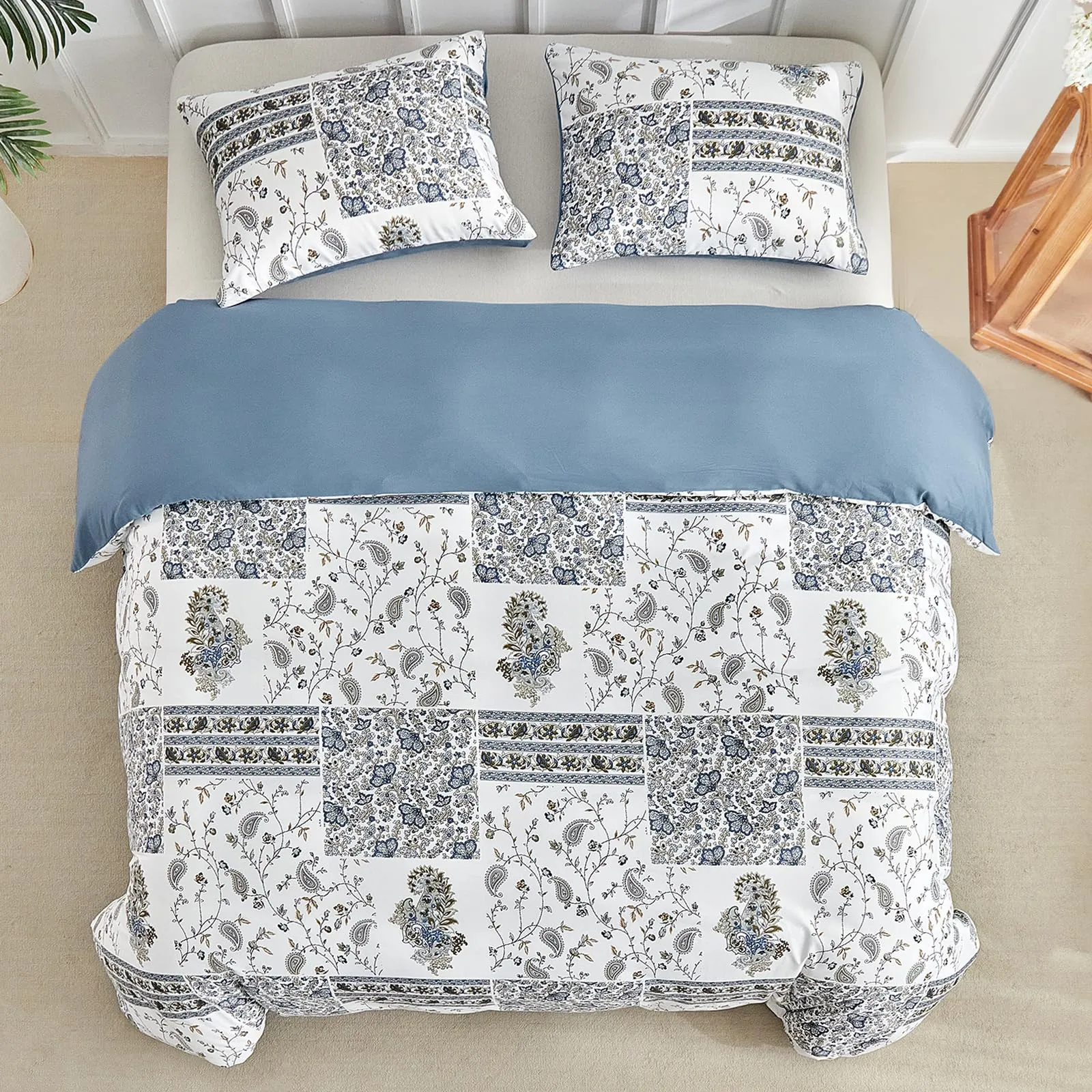 Tokokimo Set Copripiumino Matrimoniale 3 Pezzi Motivo Patchwork Sogno Blu, 240x220 cm con 2 Federe 50x80 cm, Microfibra, Azzurro - immagine 3