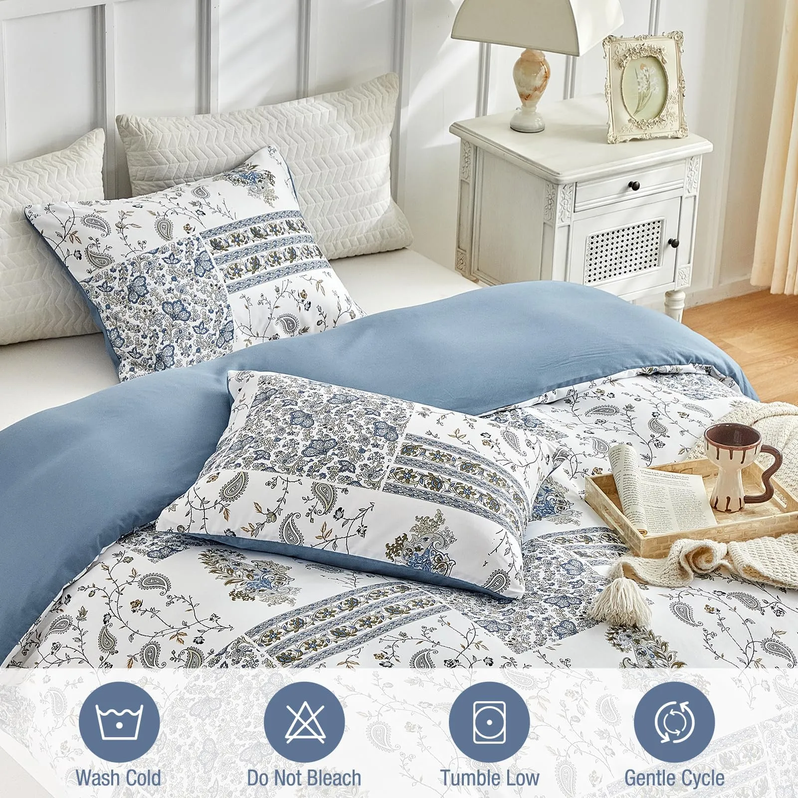 Tokokimo Set Copripiumino Matrimoniale 3 Pezzi Motivo Patchwork Sogno Blu, 240x220 cm con 2 Federe 50x80 cm, Microfibra, Azzurro - immagine 5